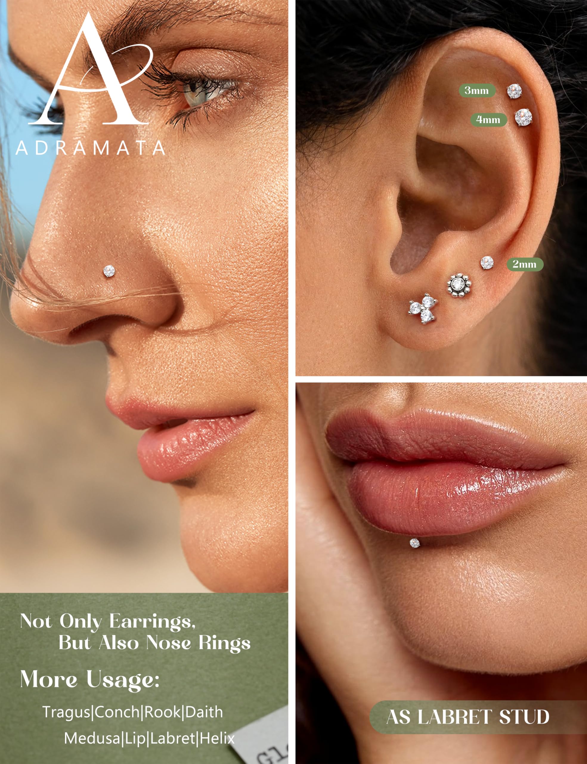 Adramata Piercing Oreja Tragus Helix Labret Roscado Interno Labio CZ Hipoalergénico Medusa Pendiente Pequeño Conch Cartílago Oro Plata 6/8/10MM