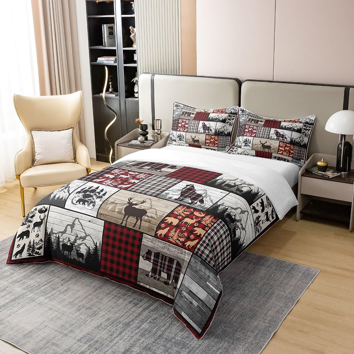 jejeloiu Bear Duvet Cover 100% Cotton Queen Size Rustic Bear Deer Print Bedding Cotton Duvet Cover Set Farmhouse Theme Buffalo Check Comforter Cover Set for Sofa Chair