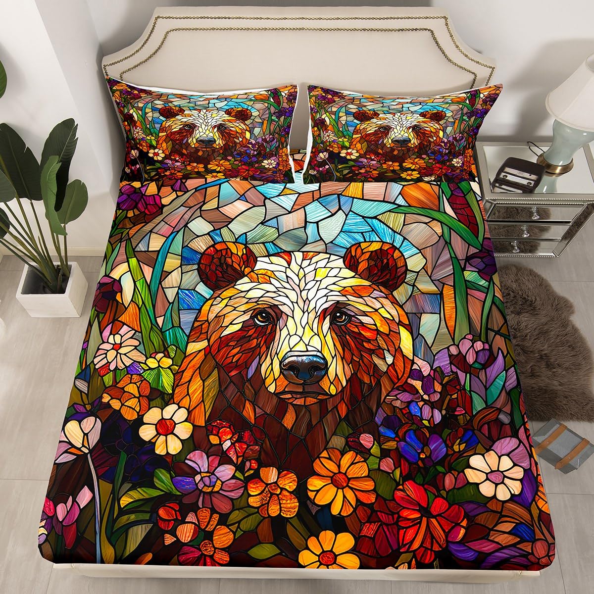 Wild Bear Fitted Sheet Twin for Boys Kids Teens,Vintage Farmhouse Flowers Animals Bedding Set(No Top Sheet),Geometric Patchwork Bed Sheet,Safari Animals Abstract Art Bed Cover,1 Pillowcase