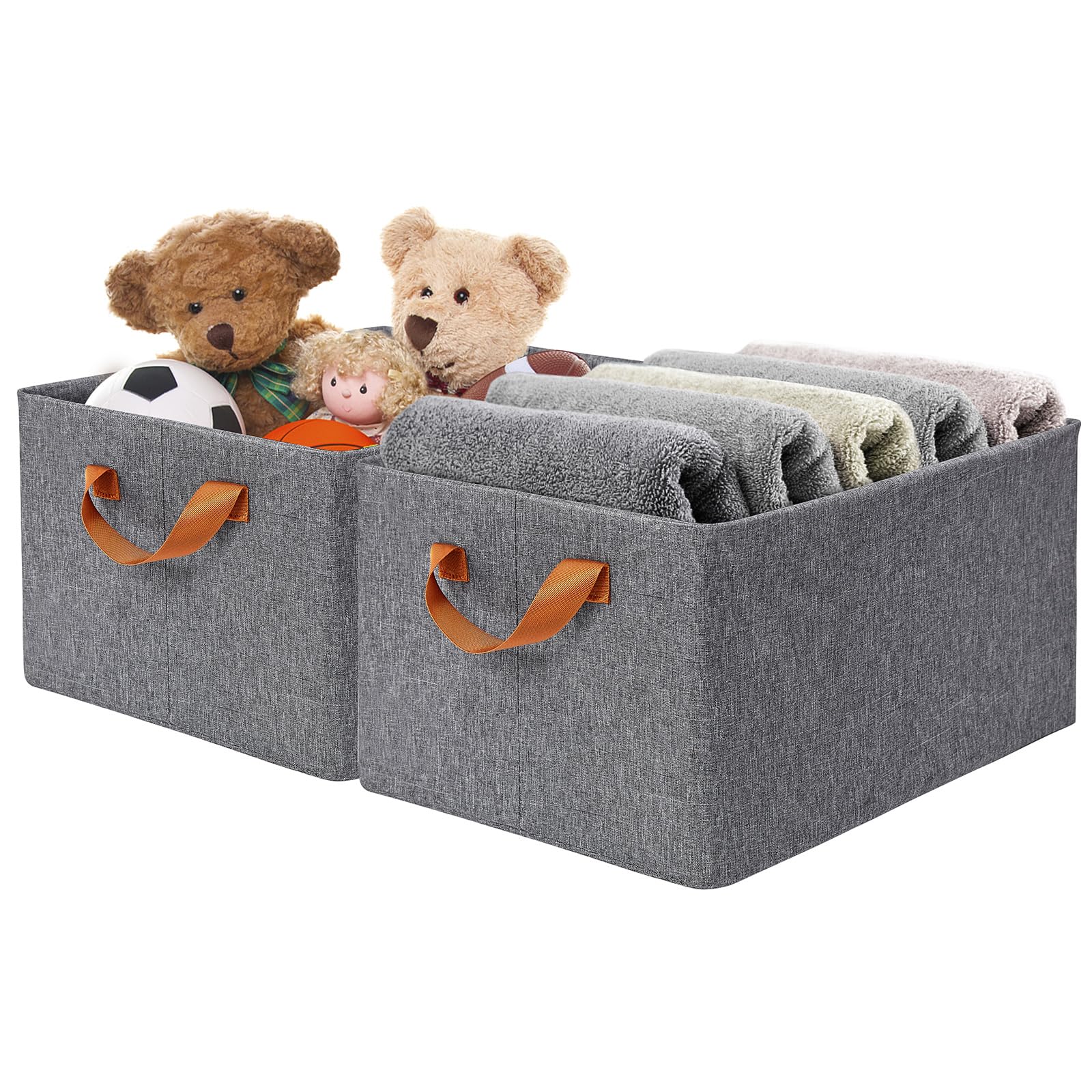 Pulnimus Storage Bins Baskets for Organizing - 15.4"x11.4"x7.9" Large Fabric Storage Cubes for Shelves Rectangular Foldable Closet Organizers with Handles for Clothes Toys 2-Pack (Grey)