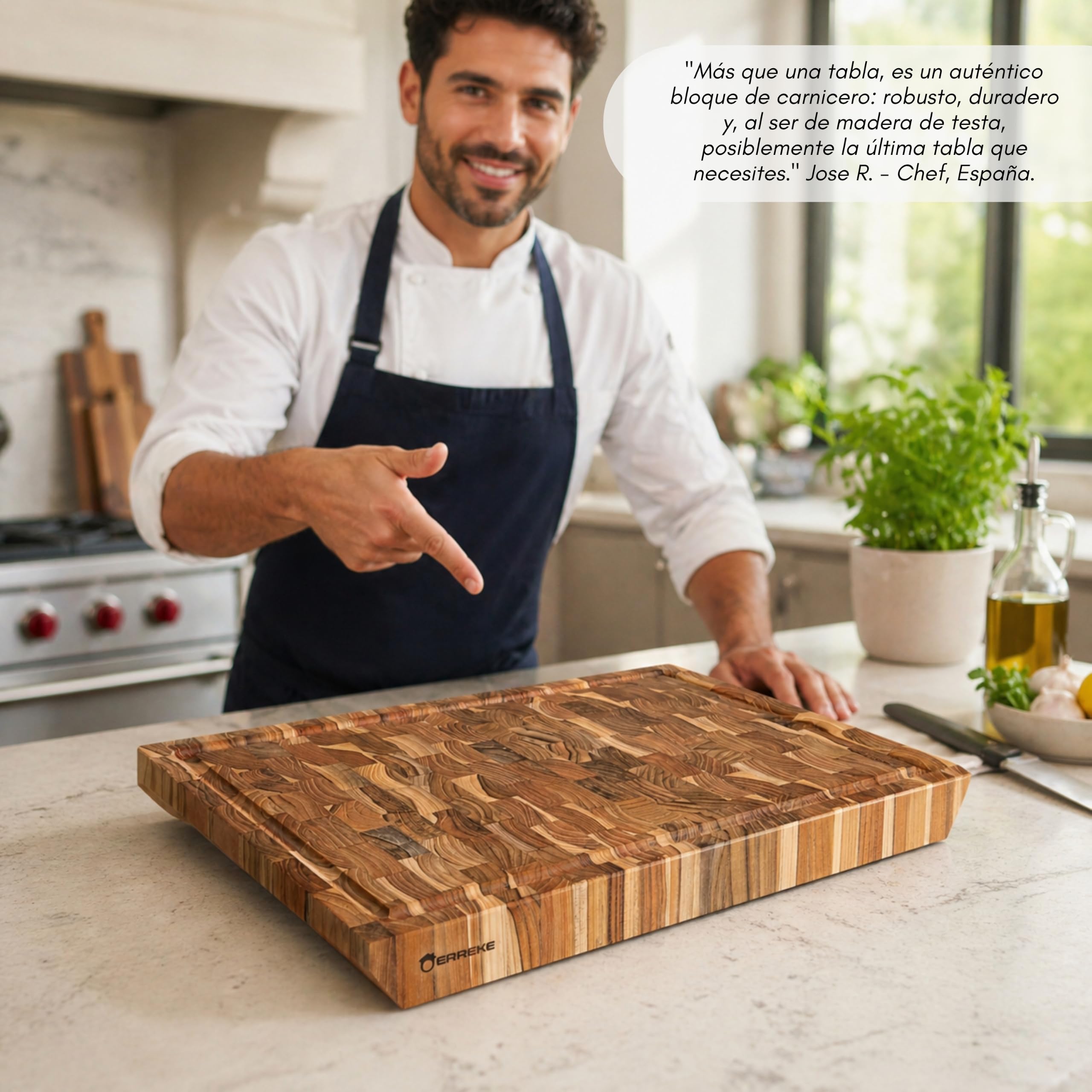 Erreke Tabla de Madera de Teca End Grain, 50x35x5 cm, Grande y Gruesa | Tipo Bloque Carnicero con Ranura. Patas Antideslizantes y Asas Biseladas. Tabla Madera Cocina. Tabla de Servir y Presentación