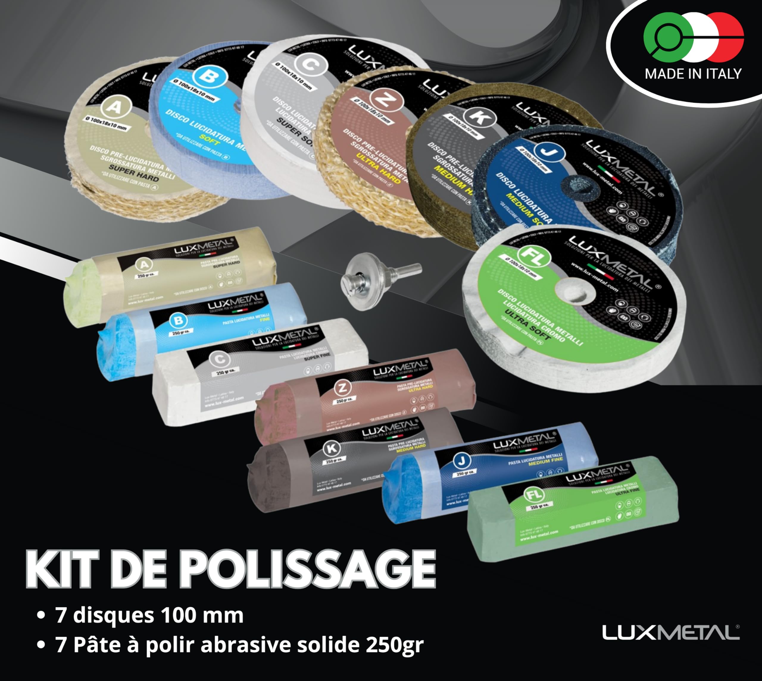 Kit 7 Disques de Polissage de 100 mm et 7 Pâtes Abrasives de 250 gr - Pour Aluminium, Fer, Acier Inoxydable, Bronze, Marbre - Polissage Métallique Efficace