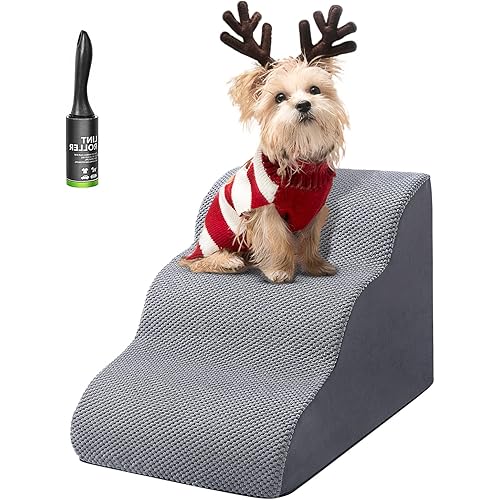 Dog Ramps for Small Dogs and Aging Dogs with Joint Pain Under 25 Ibs,Gentle Slope High Density Foam Pet Stairs for Couch and Bed (Grey Suede, 3-Step)