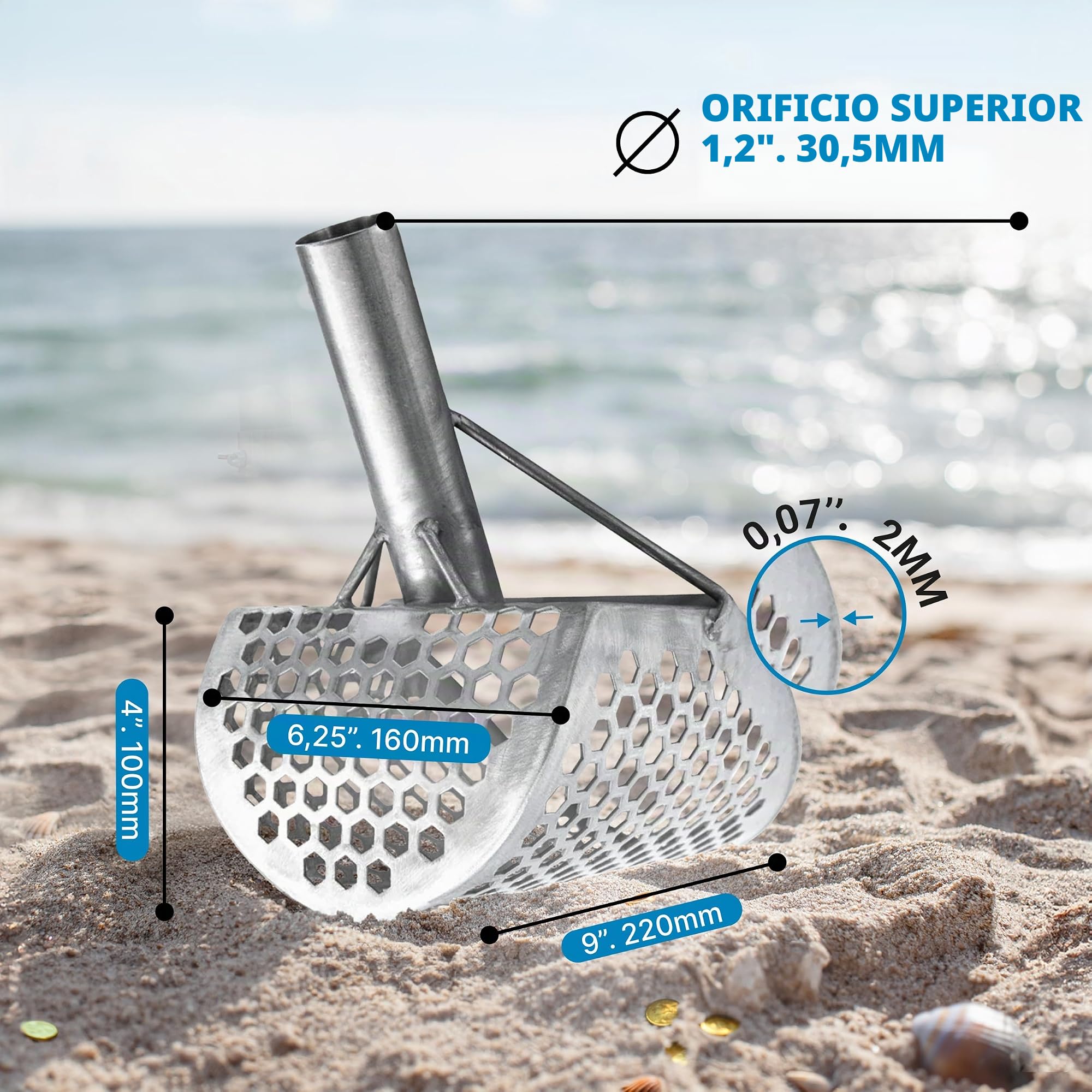 CKG Cuchara de arena para detección de metales, cuchara de tamiz de arena resistente, acero inoxidable 304, pala de detector de metales para caza de tesoros, playa y accesorios de detector de metales,