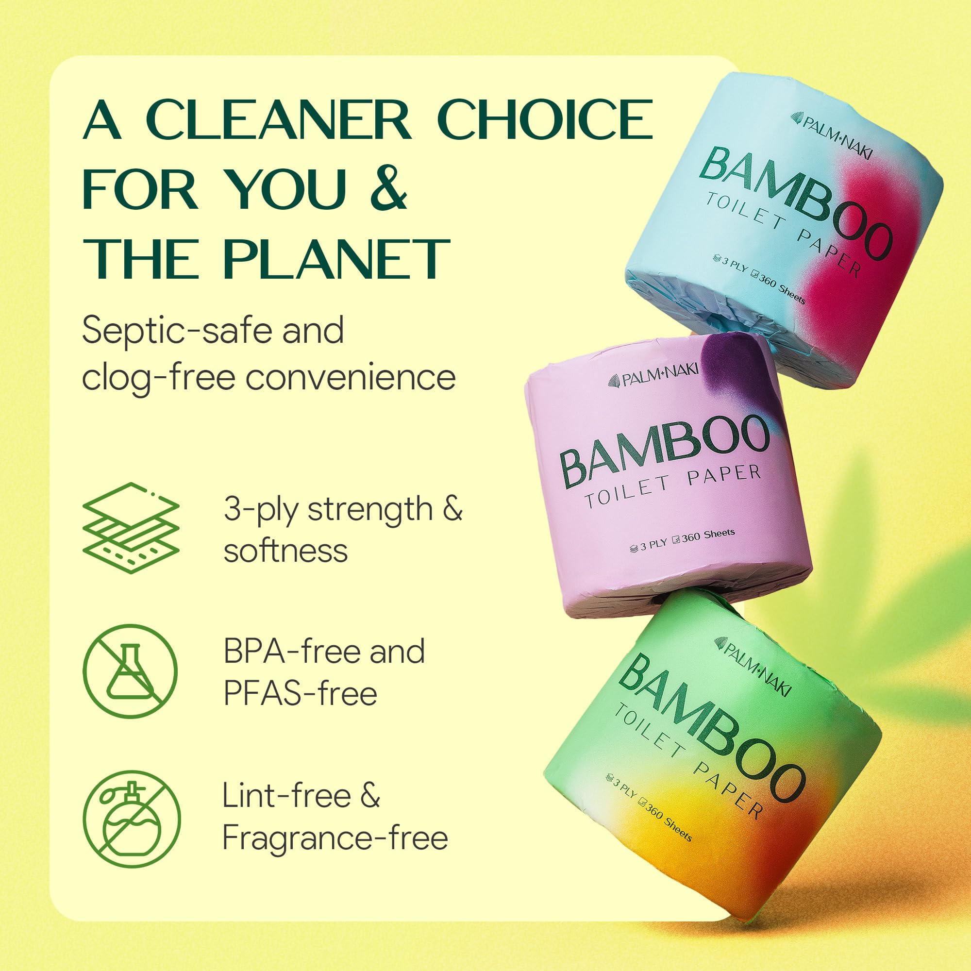 Papel higiénico de bambú de alta calidad, 4 rollos (3 capas, 360 hojas), sin árboles, ecológico, certificado FSC, sin BPA y PFAS, disolución rápida, seguro séptico, sin pelusas. PALM NAKI