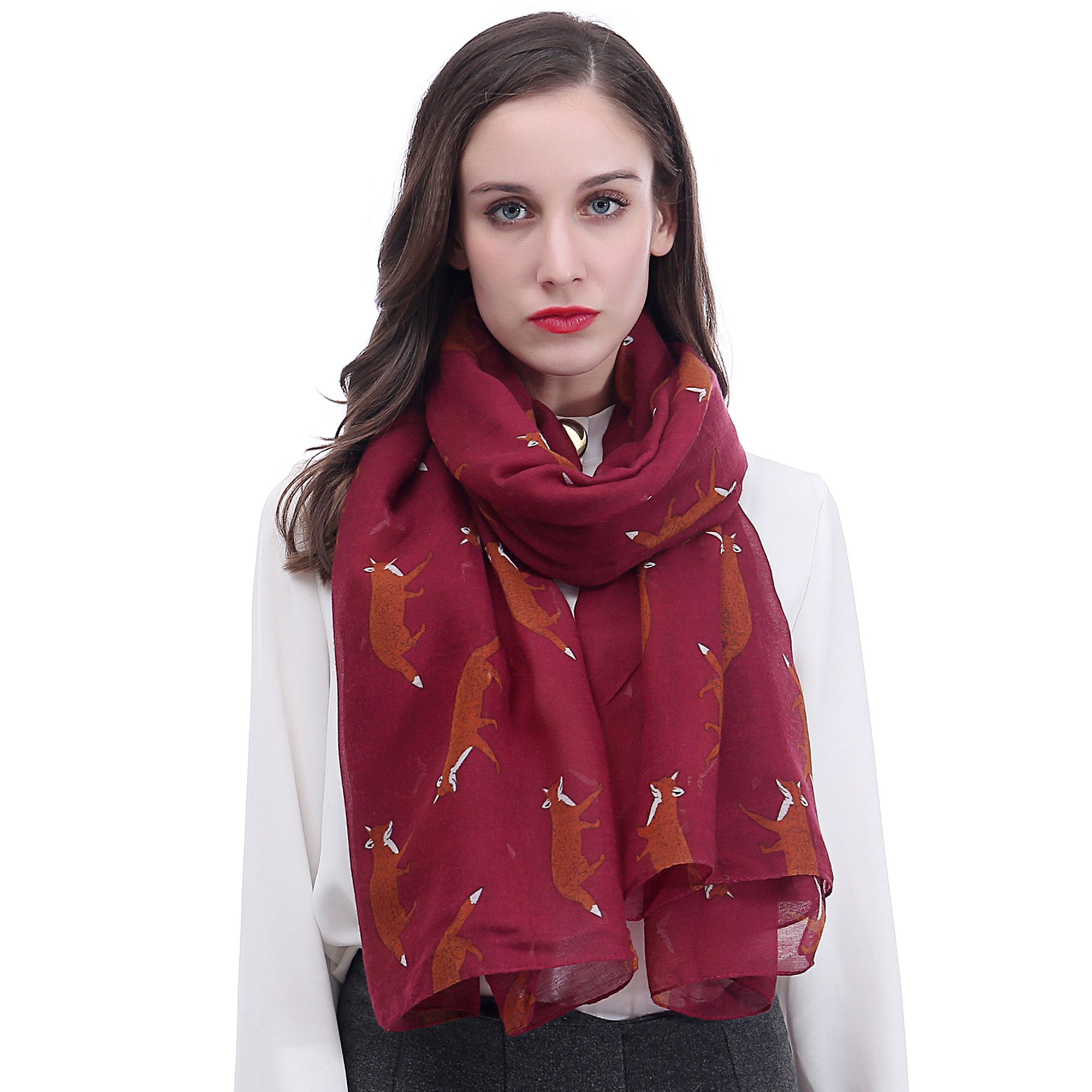 Lina & Lily Women's Red Violet Fox Animal Print Scarf Shawl Wrap Lightweight (Red Violet)