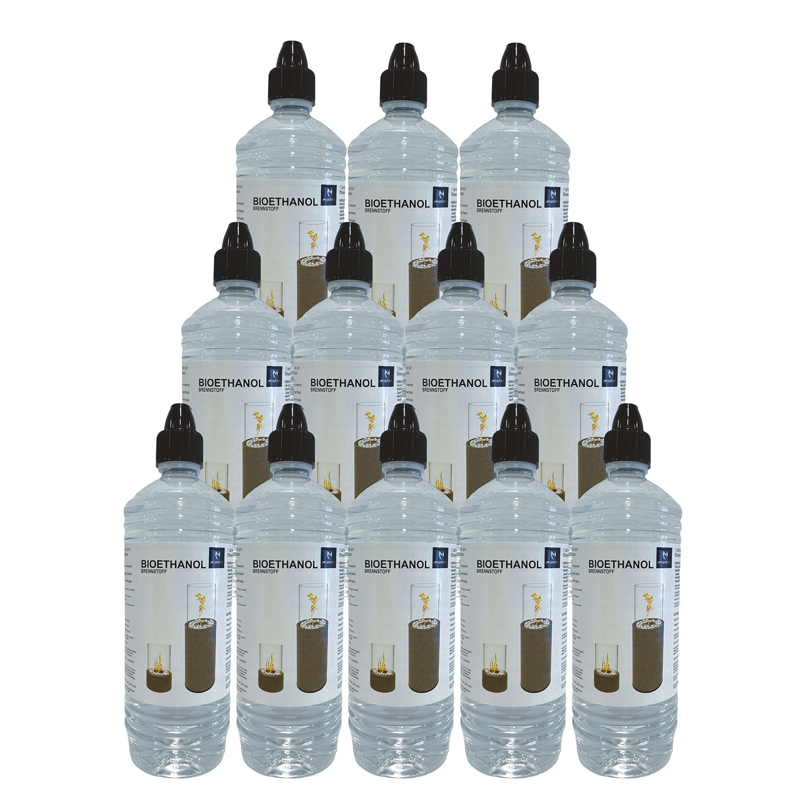 Monster24 12 x 1L flüssiges hochwertiges Bioethanol für Ethanol Kamin Tischkamin Tischfeuer Standkamin Terassenkamin Dekokamin Dekofeuer Bio Ethanol Indoor Outdoor - geprüfte Qualität EU-Herstellung