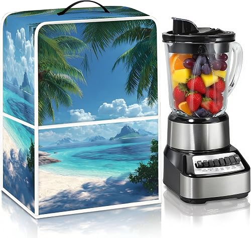 Kitchen Blender Dust Cover Compatible with Vitamix Low-Profile 64 oz, Foldable Appliance Cover for Blenders with Accessory Pockets and Hanging Loop (Tropical Beach)