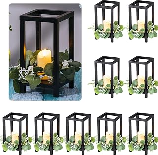 Geelin 10 Pcs Wooden Wedding Lantern Centerpiece Candle Lantern Table Wooden Candle Holder Decorative for Wedding Party Table Valentine Decor(10.59 in,Black)