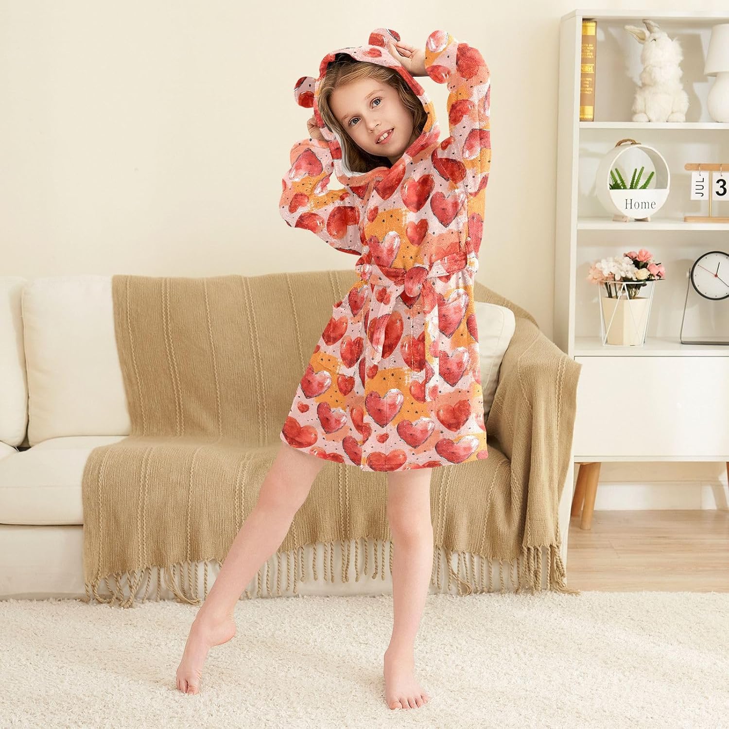 senya Watercolor Orange Hearts Toddler Hooded Bathrobe Kids Soft Plush Bath Towel Robes for Boys Girls 2-12 Years