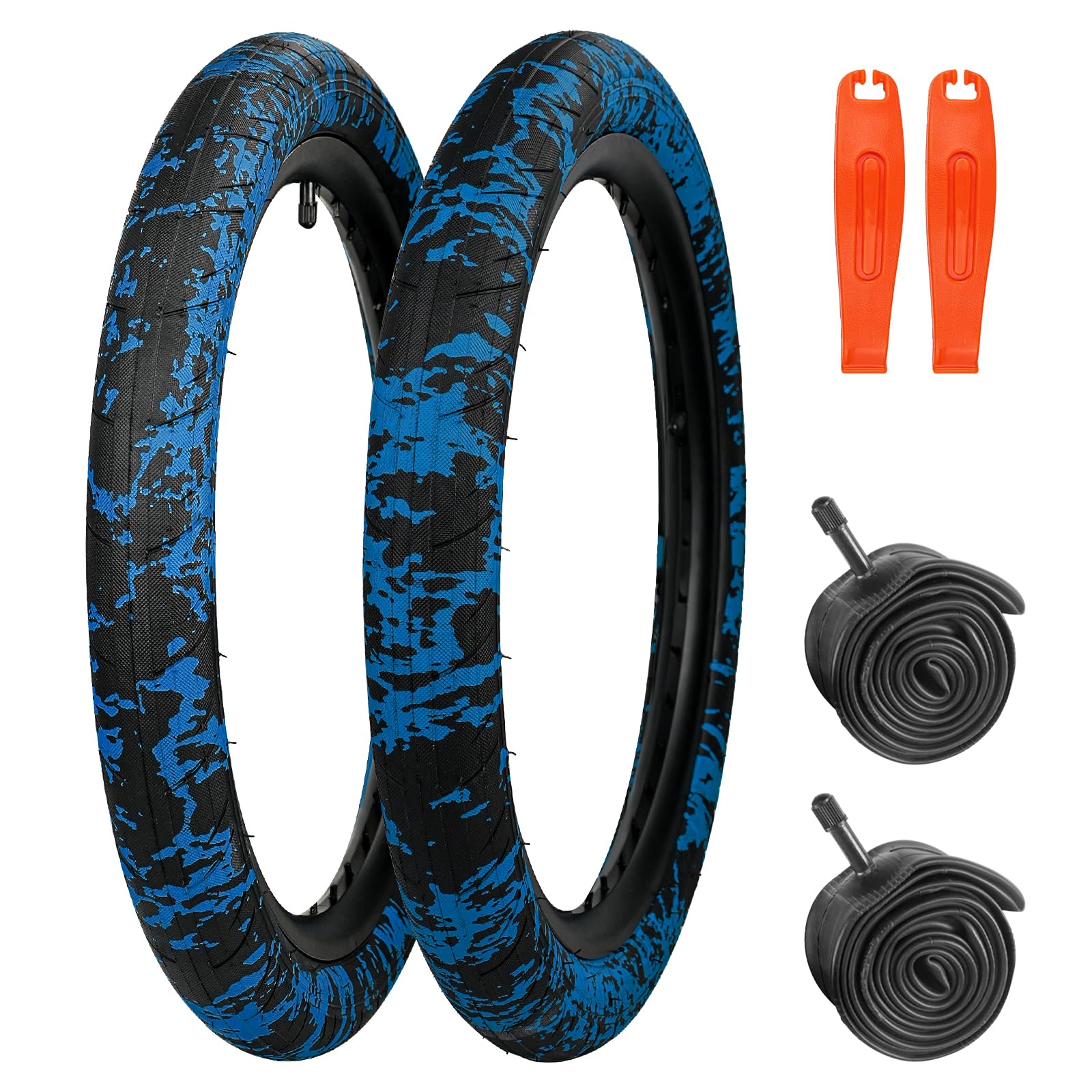 MEGHNA 20 x 2.4 Inch (64-406) MTB Tyre Wide Bicycle Coat Tread Strong Offroad Tyres for Youth Mountain Bikes/BMX/Folding Bikes (Black & Blue 2 Tyres + 2 Tubes + 2 Tyre Levers, 20 x 2.4 Inches)