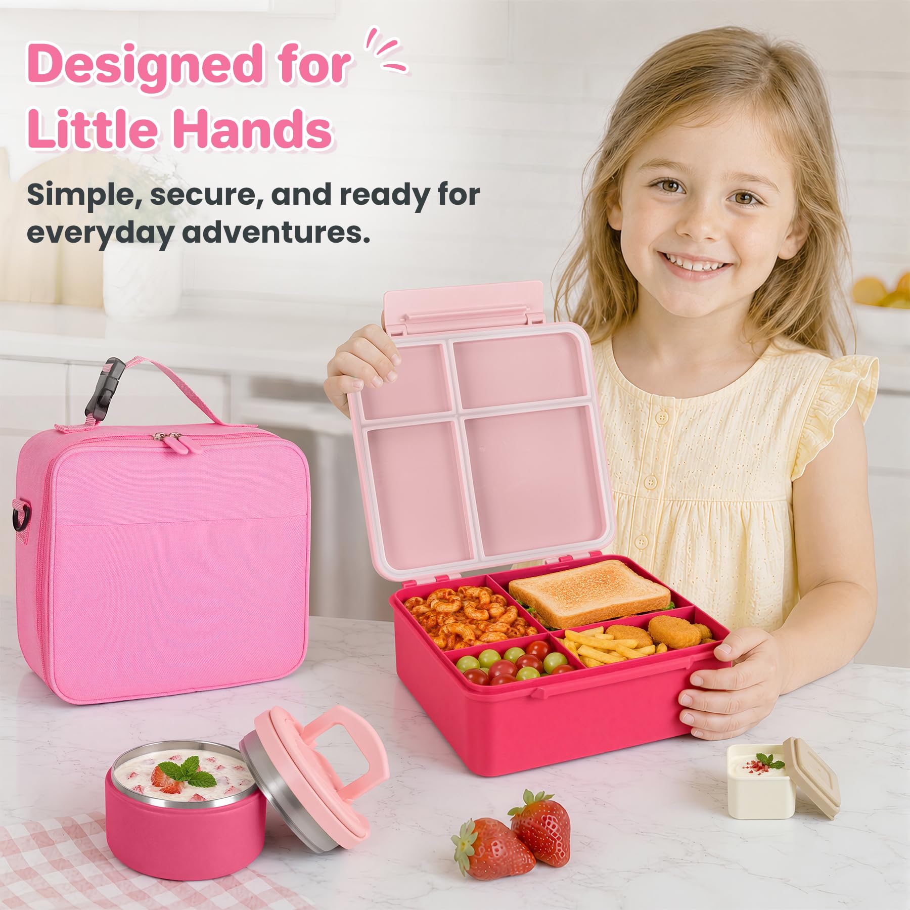 Bento-Lunchbox mit 237 ml Suppen-Thermo, auslaufsichere Lunch-Lebensmittelbehälter für Kinder mit 4 Fächern, Thermo-isoliertes Glas für heiße Lebensmittel und Lunchtasche für die Schule, Trvael-Pink