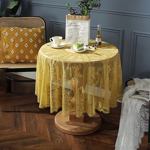 Miniatura 9 de Qubjus Mantel redondo de encaje clásico y elegante, estampado bordado, resistente a las arrugas, para banquetes, bodas, fiestas, catering,