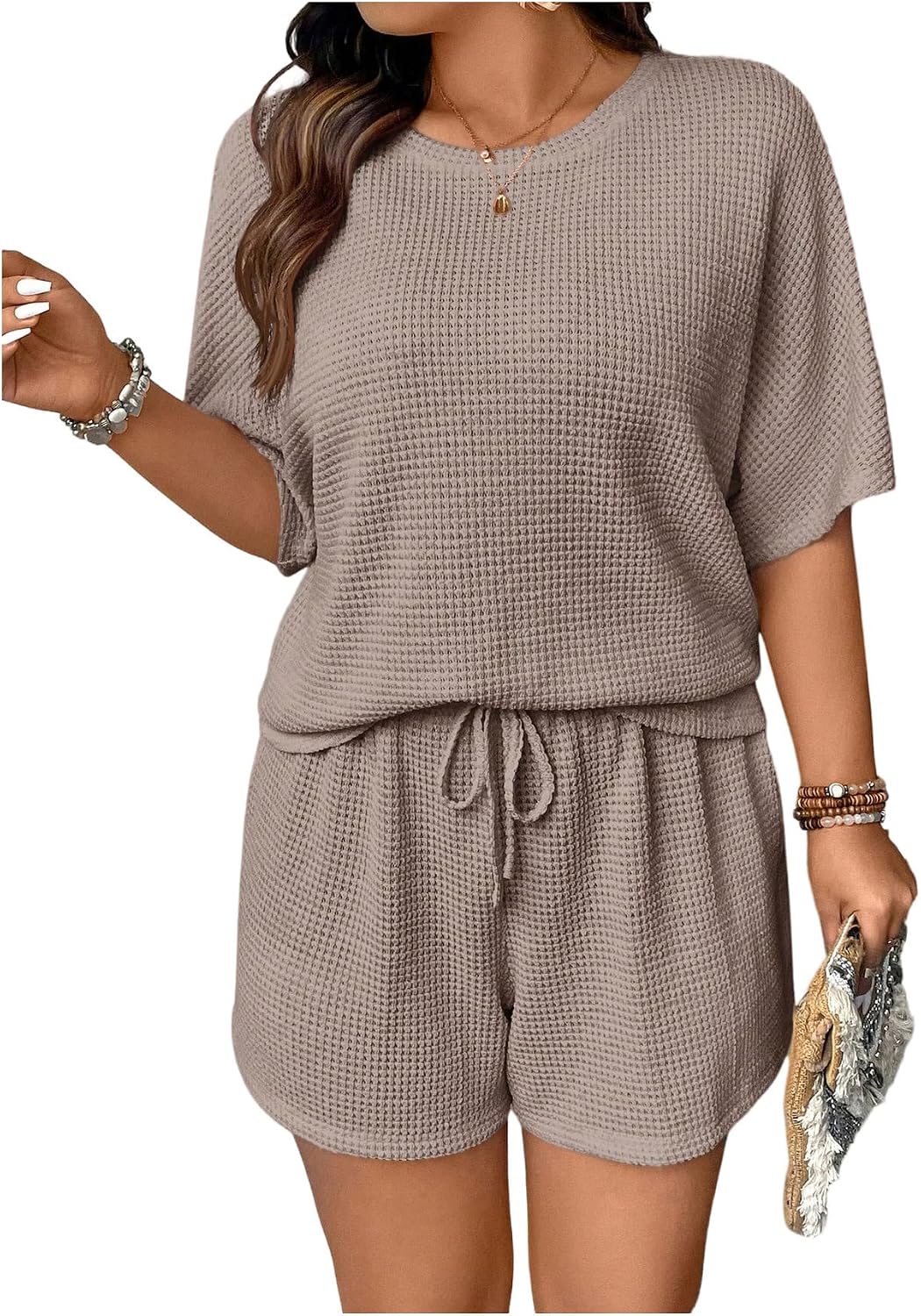 SOLY HUX Women's Plus Size 2 Piece Outfits Waffle Knit Short Sleeve T Shirt and Shorts Summer Casual Lounge Matching Set