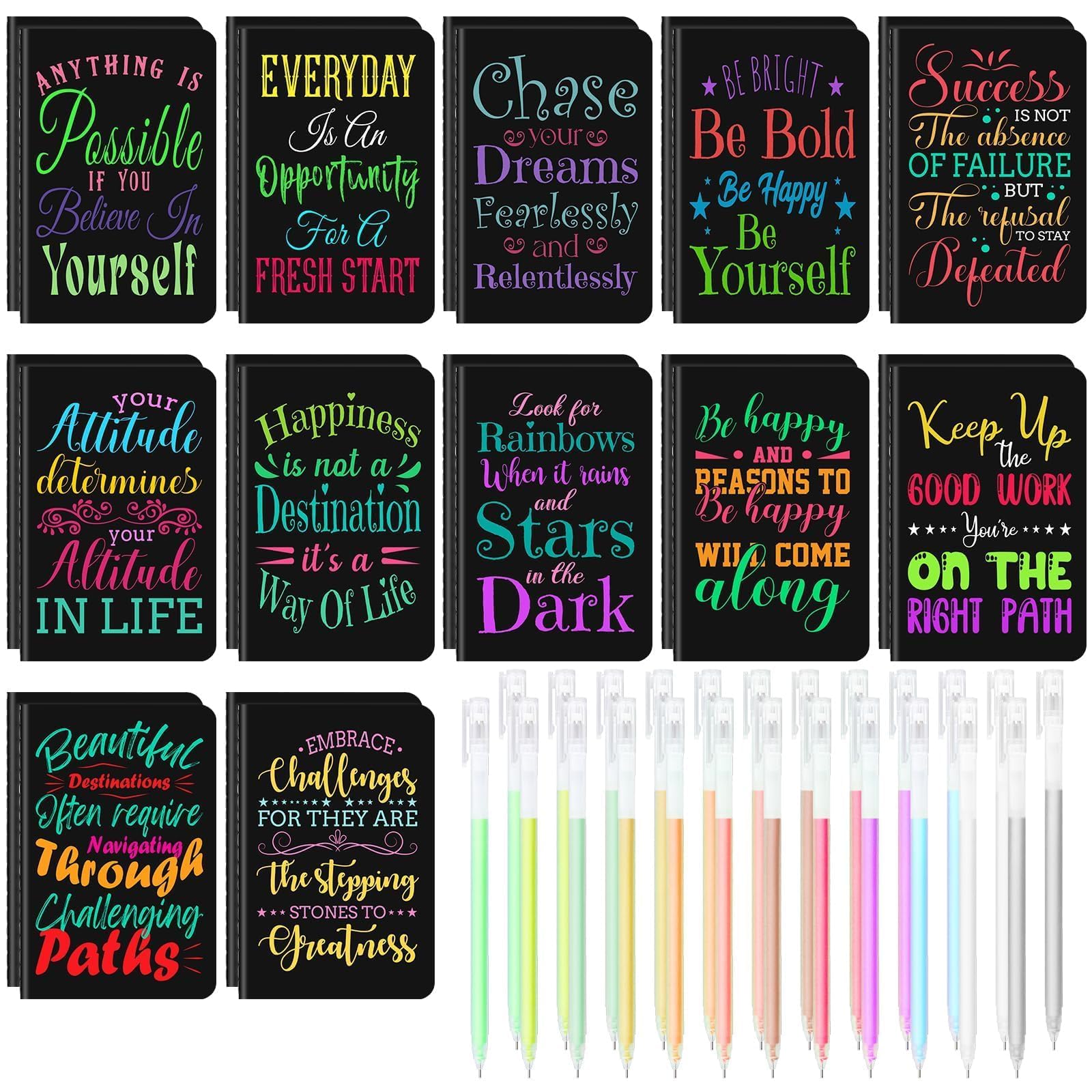 24 Pcs Mini Inspirational Notebooks Bulk with 24 Pcs Colorful Pens, Small Pocket Journal Notepads Set, Motivational Bulk Gifts for Women Men Teacher