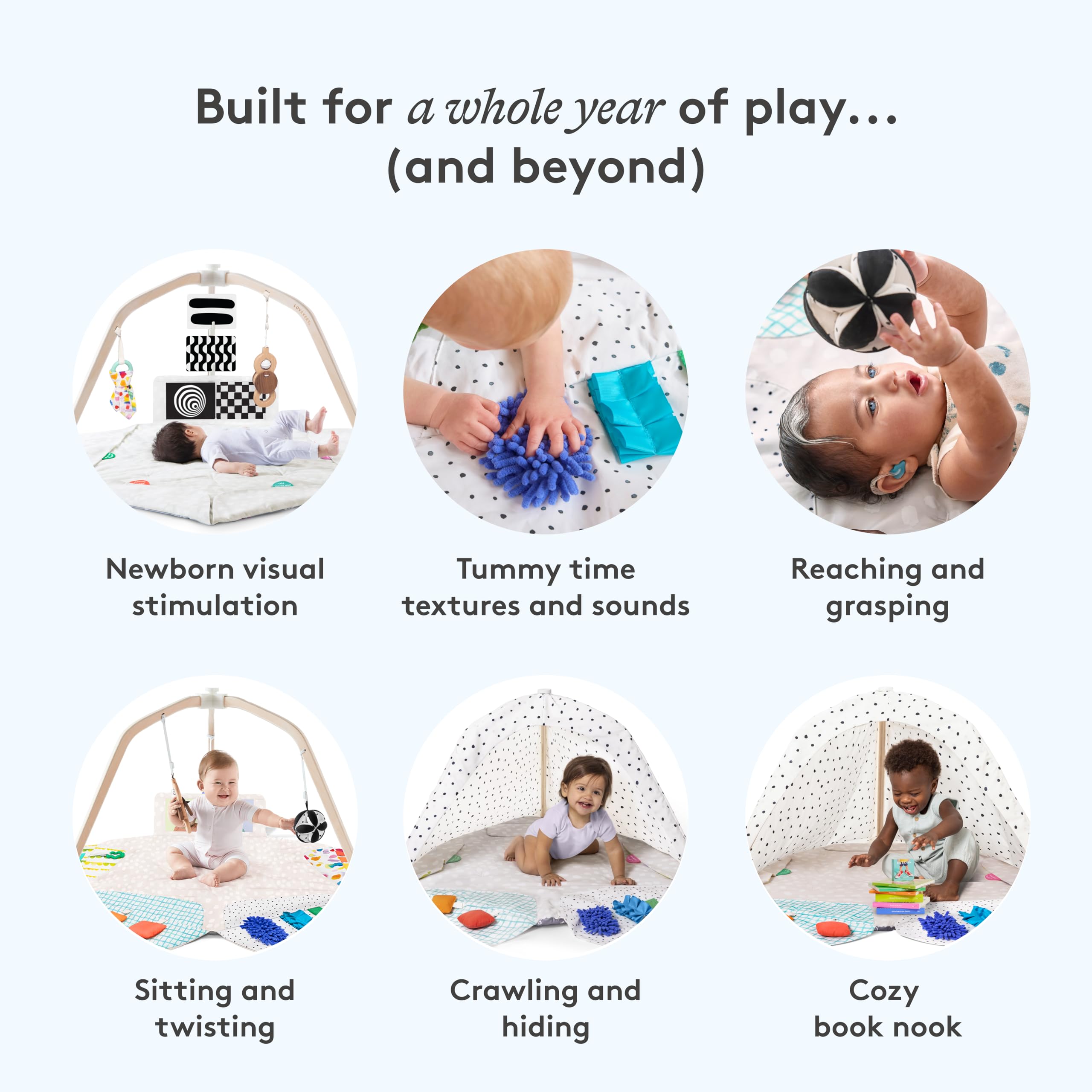 Lovevery Tapis d'Éveil Bébé avec Arche de Jeu en Bois, 5 Zones, Développement l'enfant, Dès la Naissance