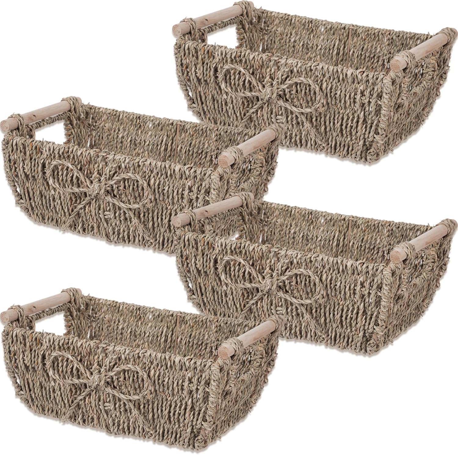 4 Pack Bow Large Storage Baskets with Wooden Handles Decorative Seaglass Storage Baskets for Shelf 12''l x 8''w x 4.8''h Hand-woven Round Paper Rope Containers