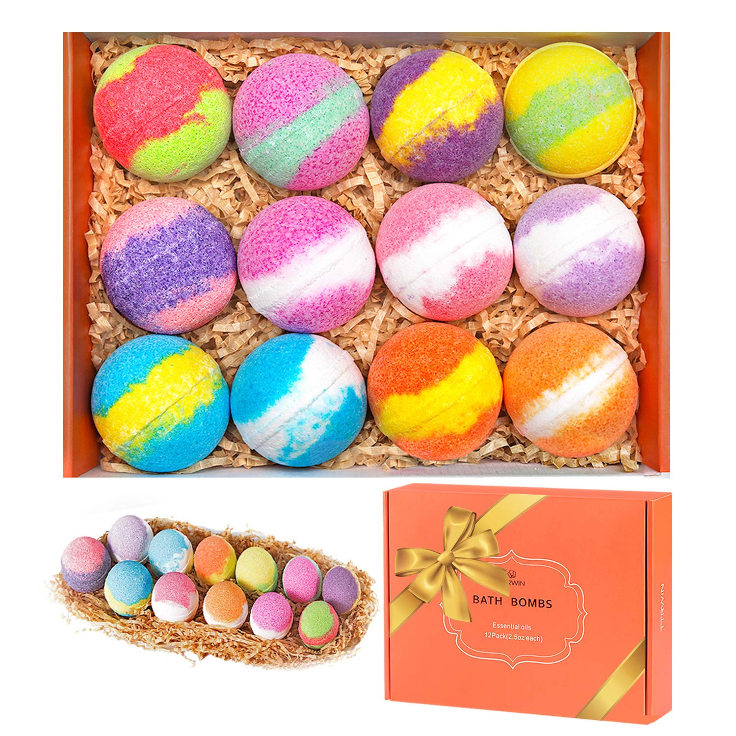 TTRWIN Bath Bombs Gift Set,12 Pcs Natural & Organic Bubble Bath Bombs,Rich in Essential Oil, Shea Butter, Coconut Oil, Fizzy Moisturizing Dry Skin,Ideal Gift for Women, Kids on Christmas,Birthday
