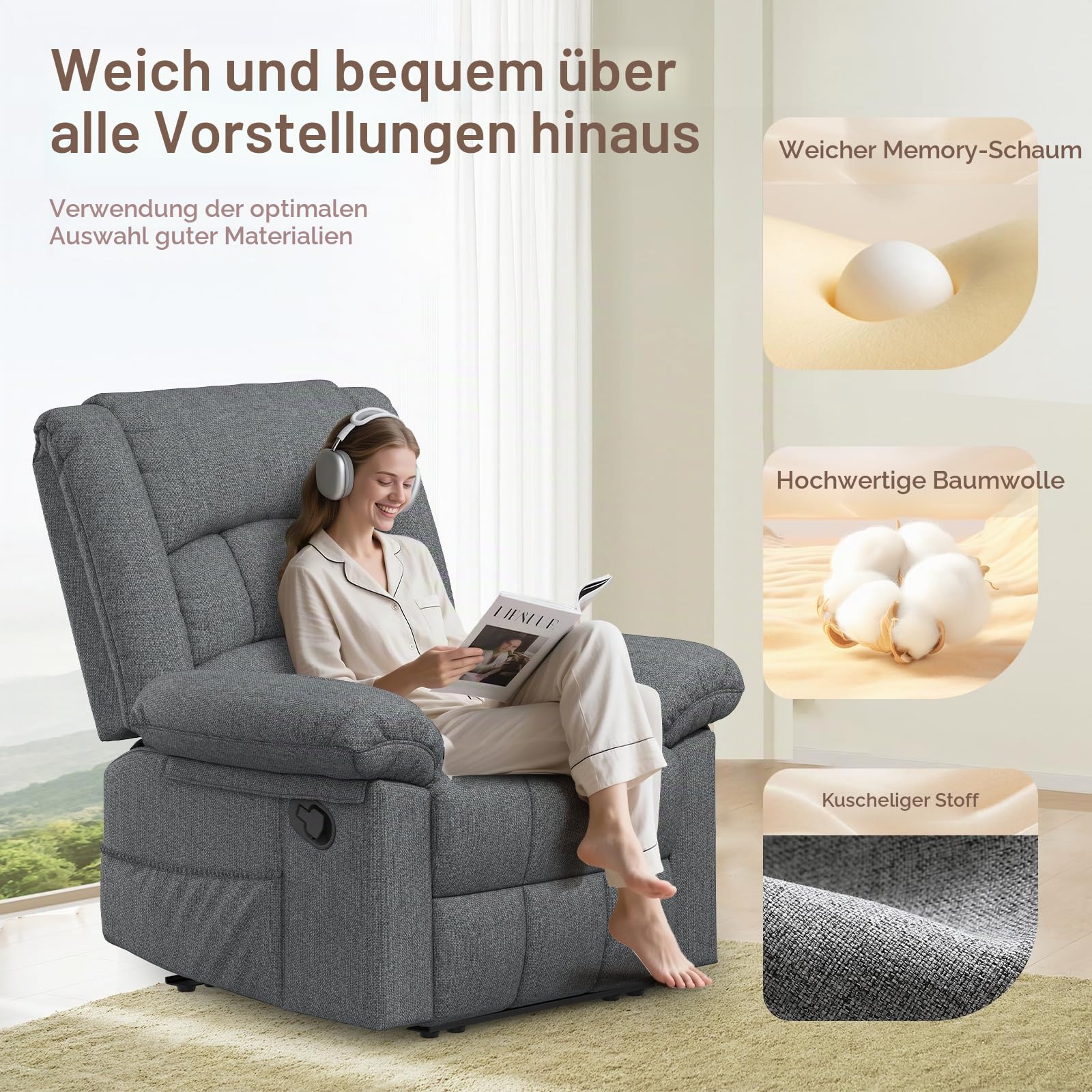 Fernsehsessel mit Verstellbar Fußtei， 8-Punkt-Massagefunktion und Wärmefunktion, Gepolsterten Armlehnen und 2 Seitentaschen, Manuell Relaxsessel mit Liegefunktion, TV Sessel für Erwachsene