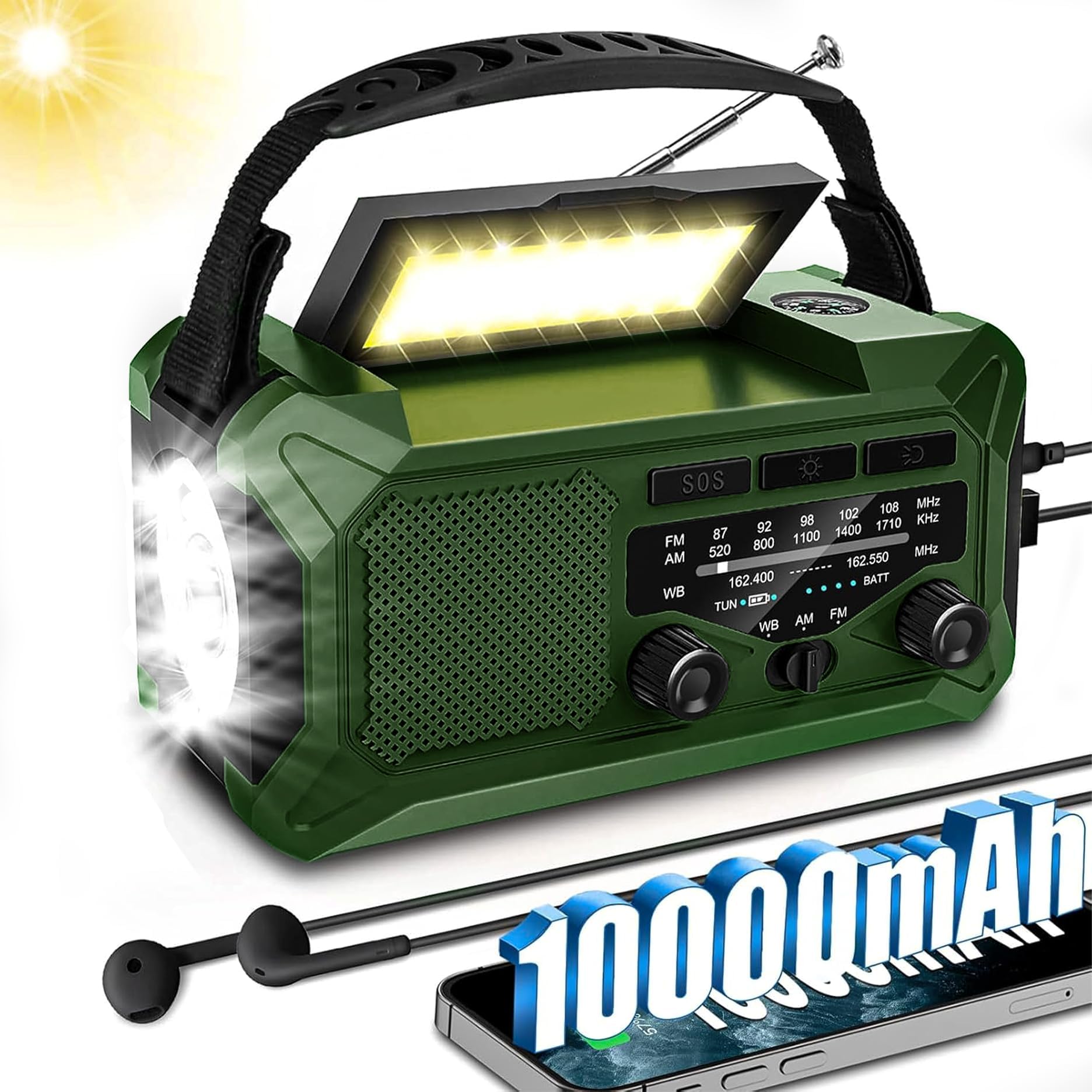 10000mAh Emergency Radio,Multi-Function AM/FM/NOAA Weather Radio,Hand Crank,USB Cable 3 Charging Methods,SOS Alarm,Flashlight,Phone Charger,Compass,Reading Lamp(Dark Green)