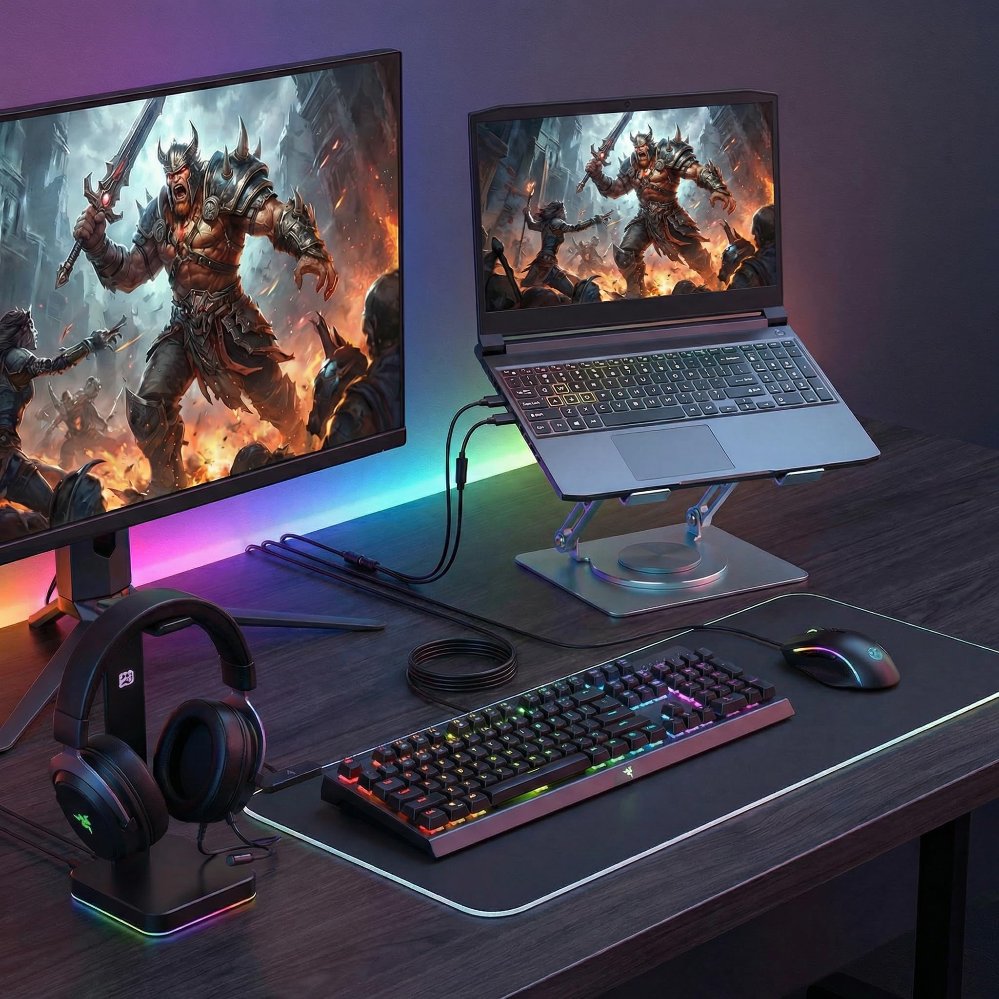 Supporto per laptop con base girevole a 360°, supporto ergonomico per computer da scrivania, regolabile in altezza regolabile, supporto pieghevole per laptop, supporto stabile in metallo per