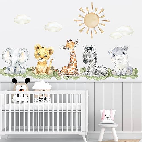 Calcomanía de pared de animales de safari para bebés, calcomanía de pared de animales de la selva, mural de guardería, calcomanía para guardería de