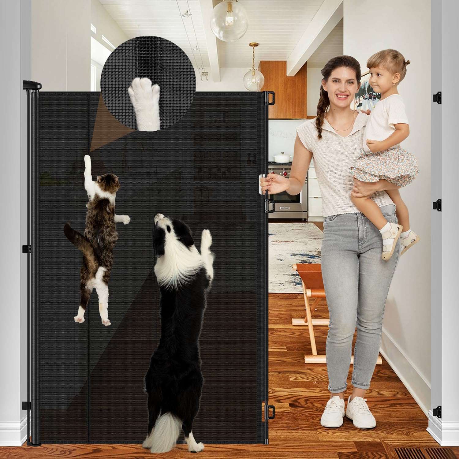 Reinforced 60 Inch Extra Tall Cat Gate Retractable Dog Gate - No Jumping Over/Crawling Under, 55" Wide Retractable Baby Gates for Cats with Reinforced