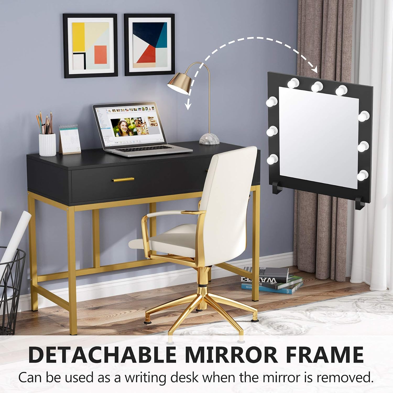Tribesigns Vanity Desk with Mirror and 9 Lights Bulbs, Gold Vanity Table Makeup Desk with 2 Drawers, Lighted Dressing Table for Bedroom (Black)