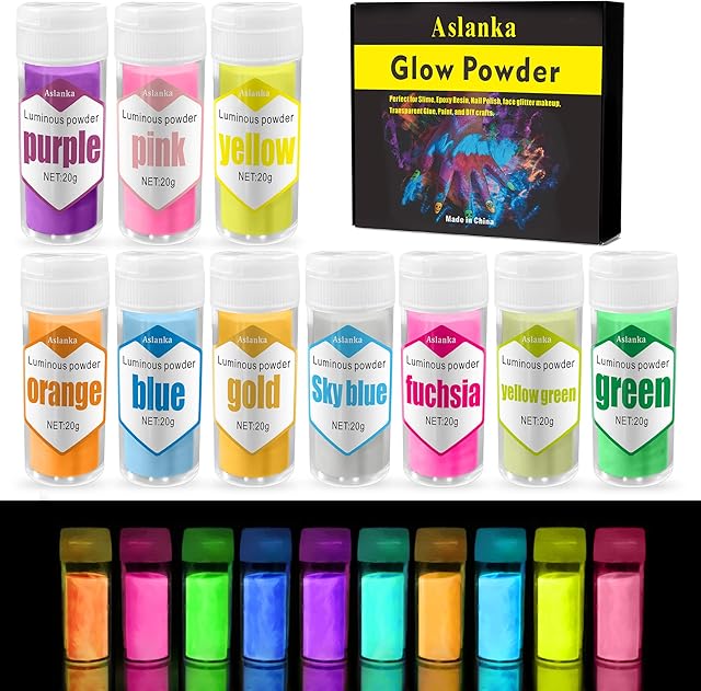 Aslanka 10 Colors Glow in The Dark Pigment Powder, Luminous mica Powder Perfect for epoxy Resin Safe, Non-Toxic Fluorescent Agent for Slime, Nails, Acrylic Paint, Art, handicrafts - 20 g Each
