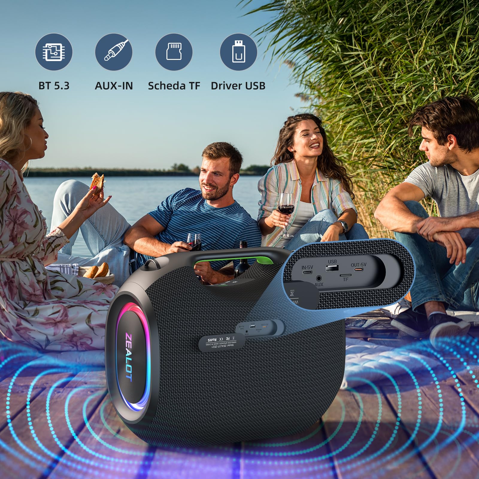 ZEALOT Cassa Bluetooth Portatile ZE21,Potenza di Picco di 300W,Bassi Potenti con Luci,Impermeabile IPX6,Ideale per Feste,Attività all’aperto e uso a bordo piscina