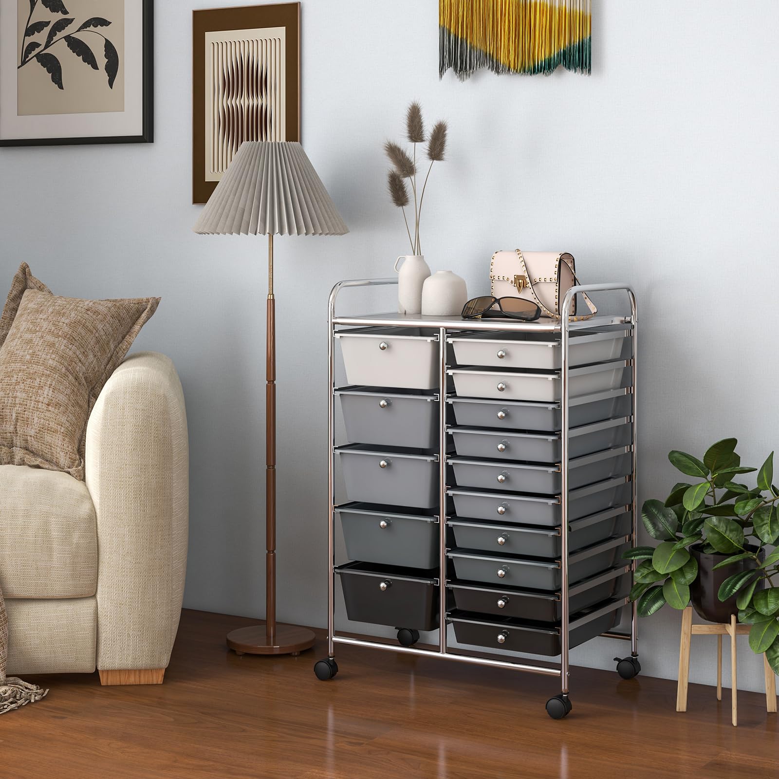 Carrito de almacenamiento rodante con ruedas bloqueables para el hogar, oficina, papelería, belleza y salón, organizador móvil de 15 cajones (degradado negro + plateado)