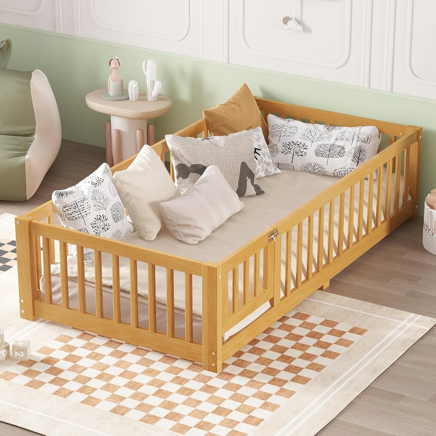 Harper & Bright Designs Twin Size Montessori Floor Bed Frame, Wood Platform Bed with High Rails, Door & Wood Slats for Boys, Girls, Kids, Natural