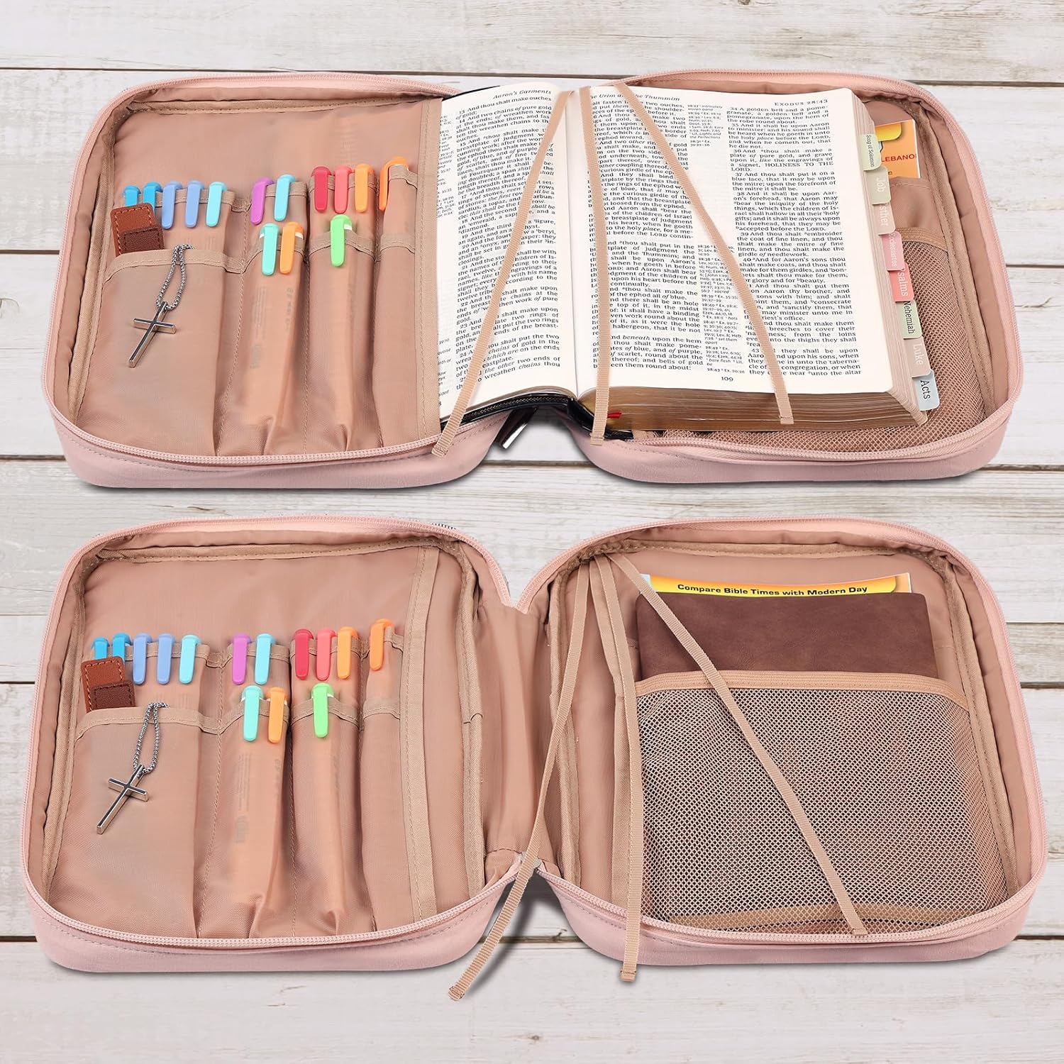 FINDCOZY Bible Cover for Women, Durable Carrying Book Case Church Bag for Biblical Accessories with Handle and Zippered Pocket, for Scriptures, Pink - Image 3