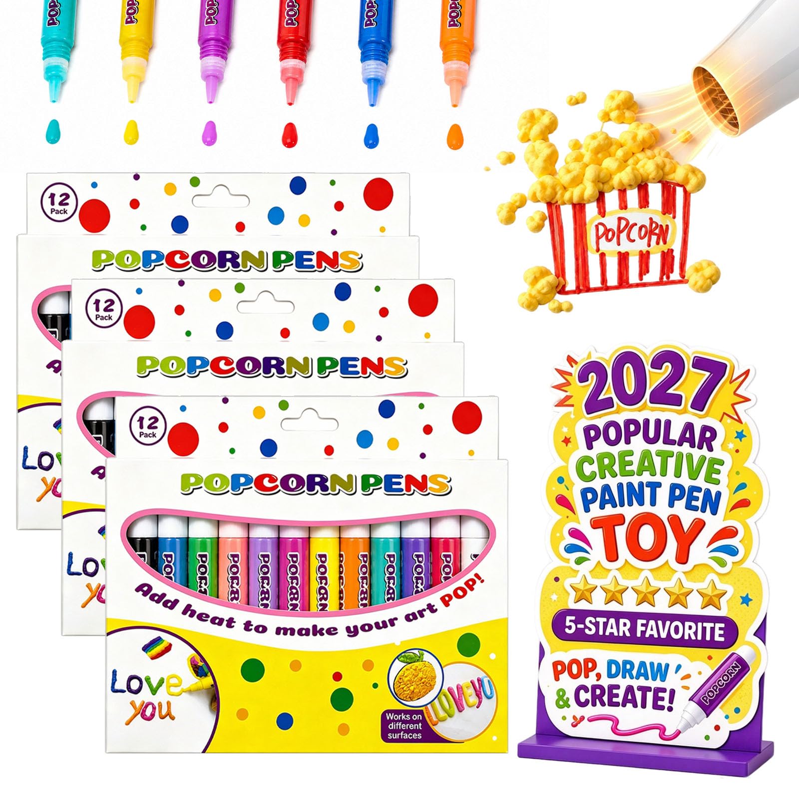pluffy Magic Popcorn Pen, DIY Bubble Popcorn Drawing Pens, 3D Puffy Embellish Decorate Graffiti Stationery for Greeting Birthday Cards Kids Christmas (12-colors-3pcs)