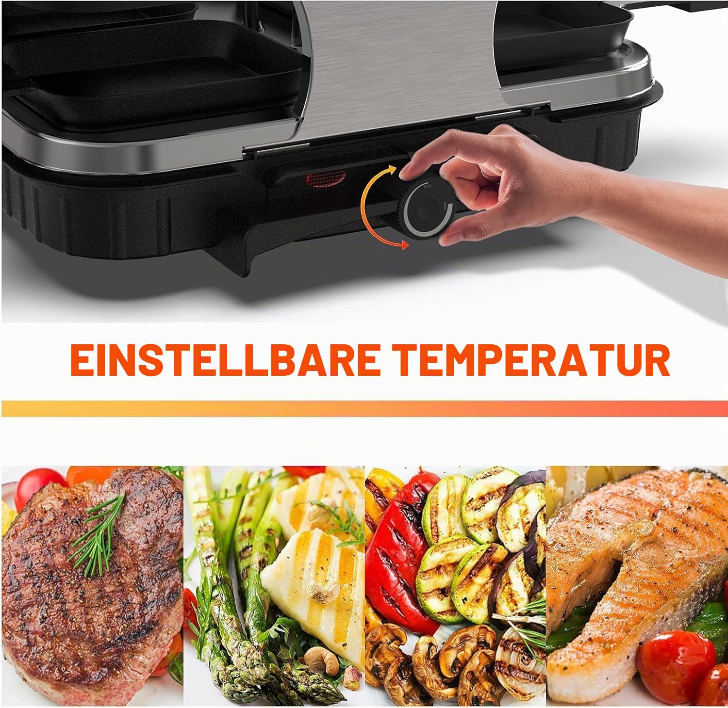 Raclette 8 Personen, Raclette Grill mit 8 Pfännchen, 1300 W | Stufenlos regelbare Temperatur, antihaftbeschichtete Grillplatte und 8 Pfännchen, Kontrollleuchte, für Tischgrillen