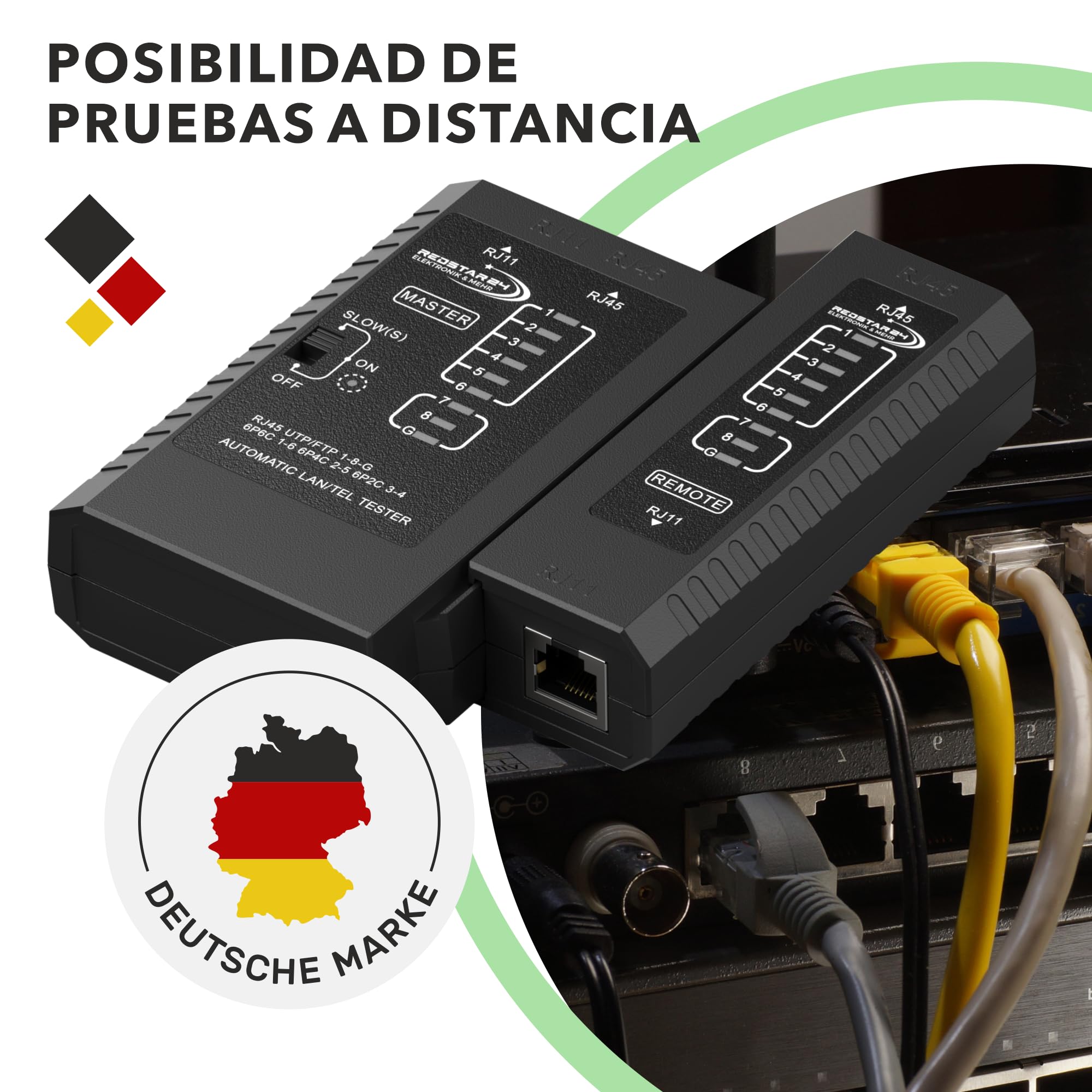 RedStar24 Comprobador RJ45 - Probador Red - Tester Cables LAN RJ11, RJ12, RJ45 para Patch Cables - LEDs Prueba para Testeo Preciso LAN y Red - Ideal para Tests Cables y Líneas