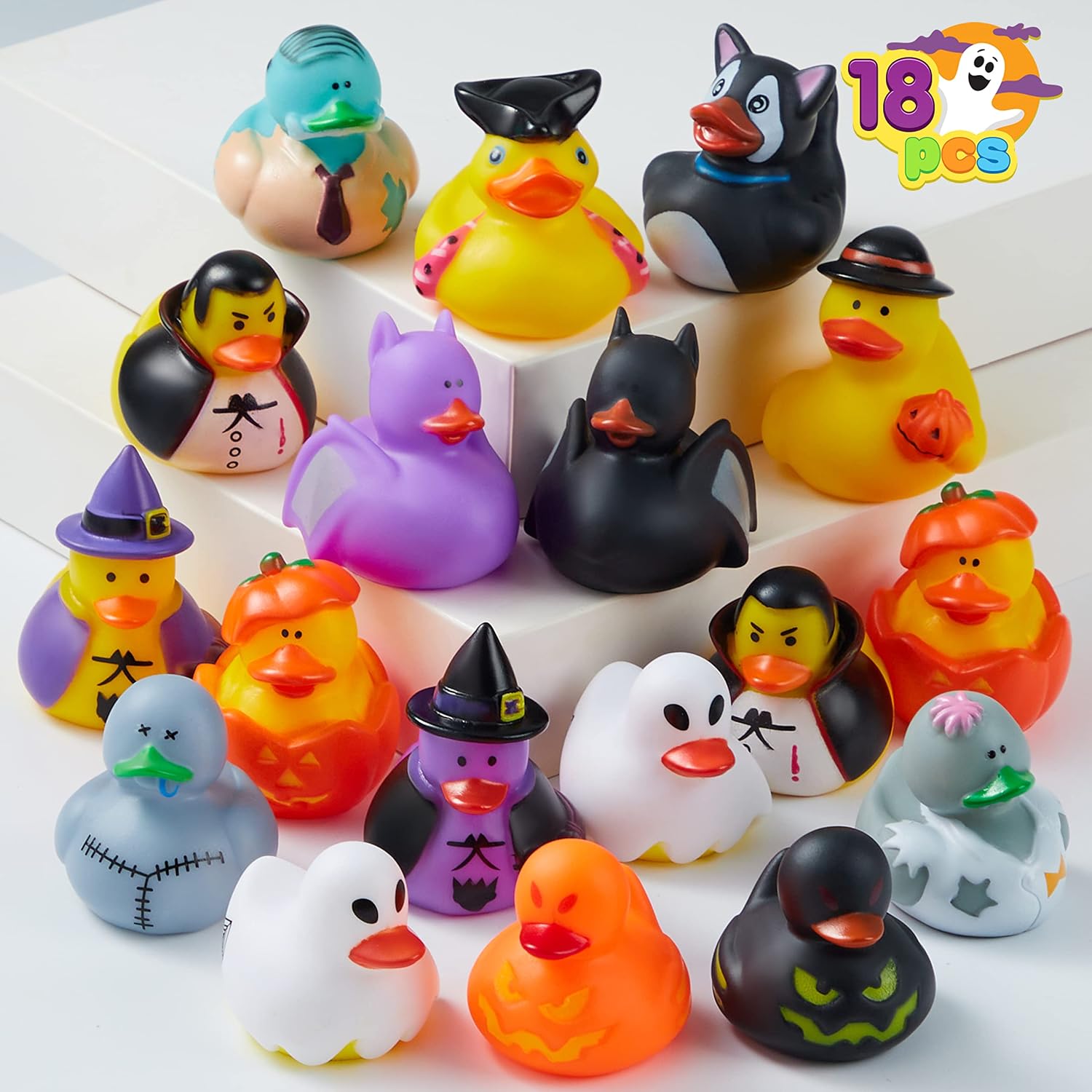 JOYIN 18 Pieces Halloween Fancy Novelty Assorted Rubber Ducks Variety for Fun Bath Squirt Squeaker Duckies, Toy, School Classroom Prizes Ducky, Trick or Treat Fillers and Party Favors.