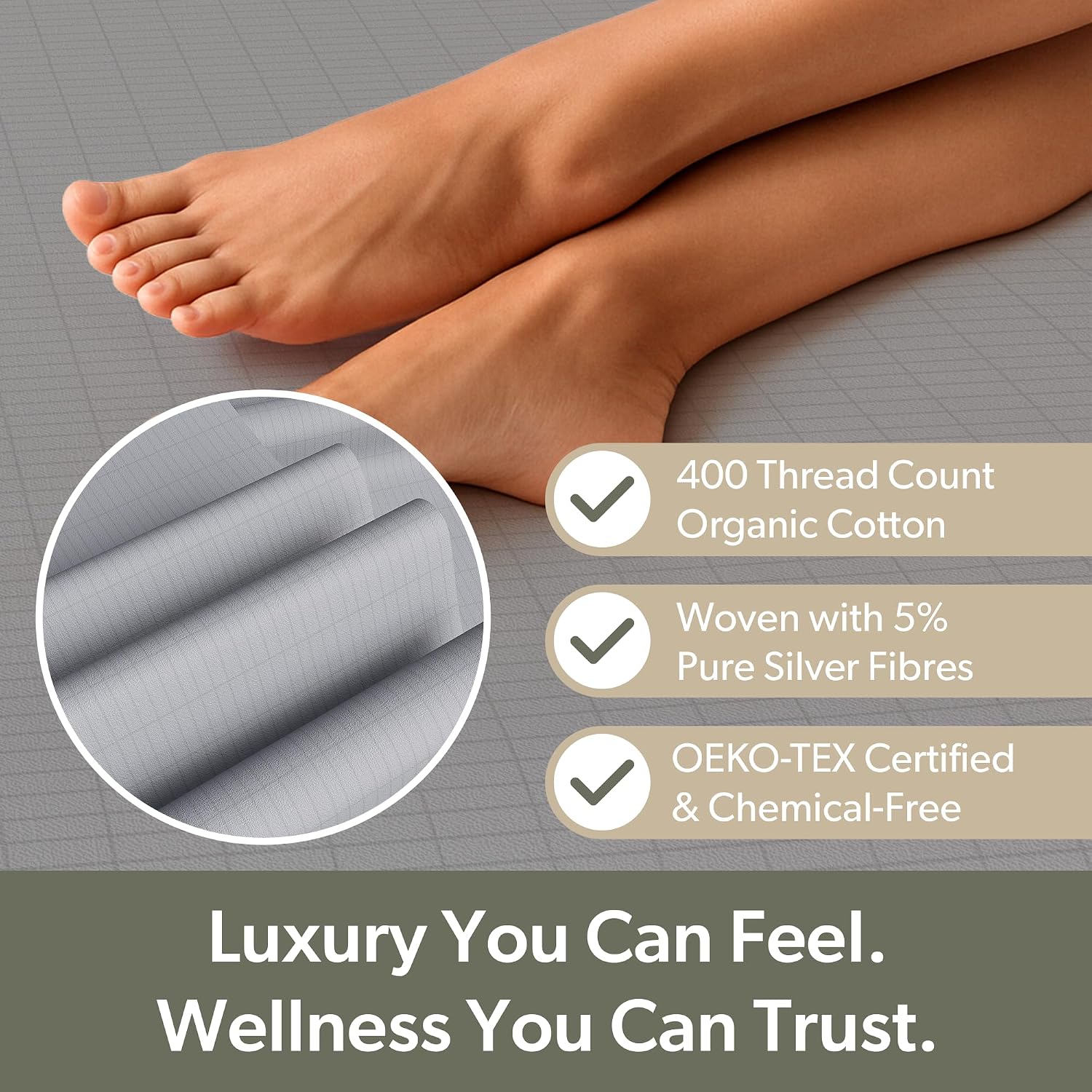 Grounding Sheet (Organic Cotton with Silver Fibres), Deep Sleep, Recovery & Sleep Optimisation, Grounded Bed Sheet for Natural Sleep Therapy, Breathable Fitted Sheet, Deep Pocket, King, Gray
