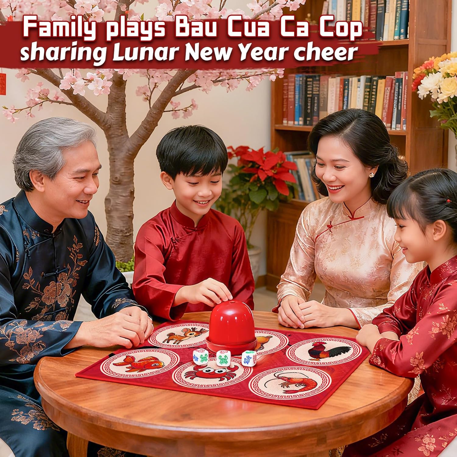 BAU Cua Ca Cop Game Set, Vietnamese Lunar New Year Dice Game with 15.7'' x 23.6'' Mat, 3 Gourd Fish Shrimp Crab Dice and Shaker Cup, Traditional BAU Cua for Party Gatherings and Celebrations