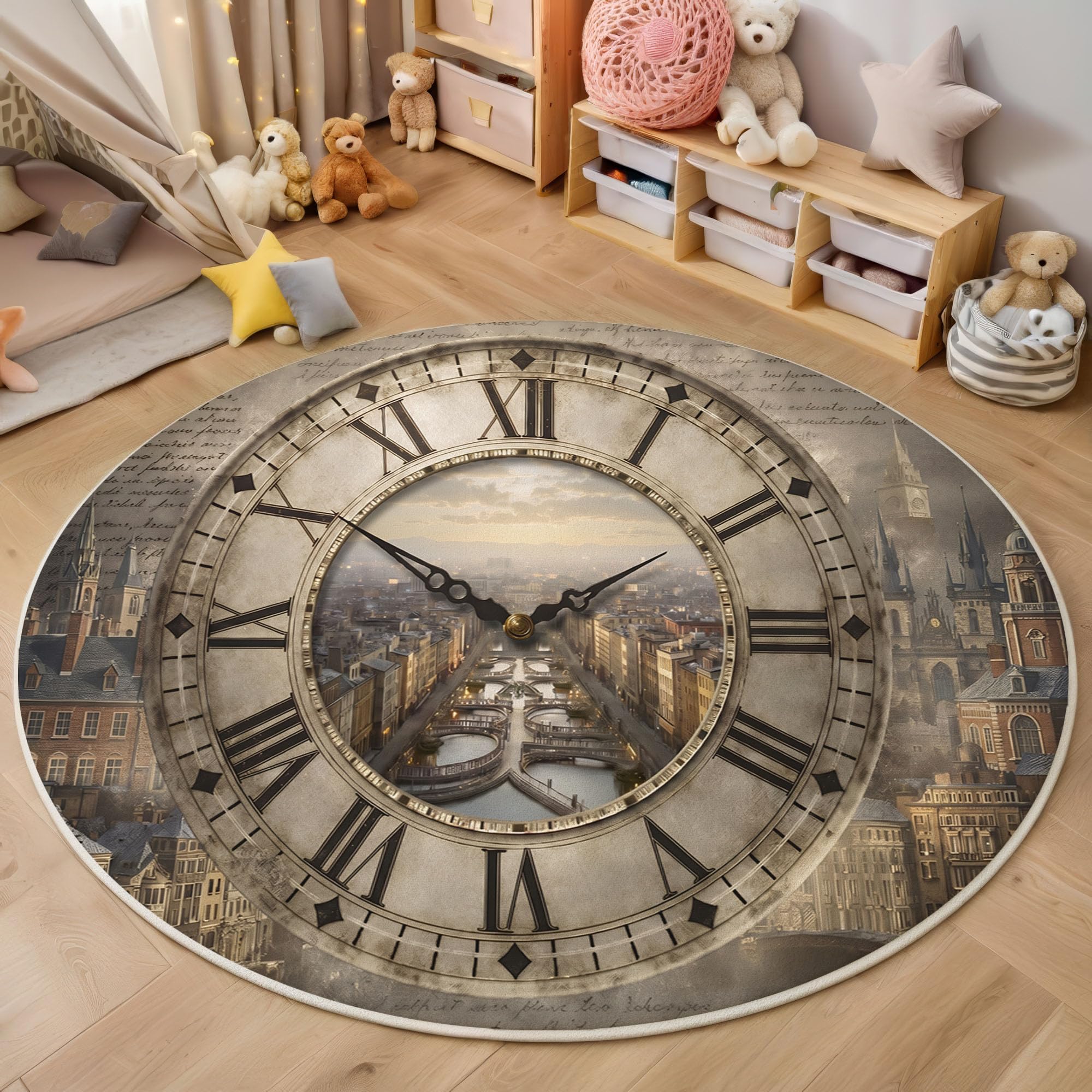 Tapis rond de foyer d'entrée lavable et antidérapant style rétro vintage marron 60cm