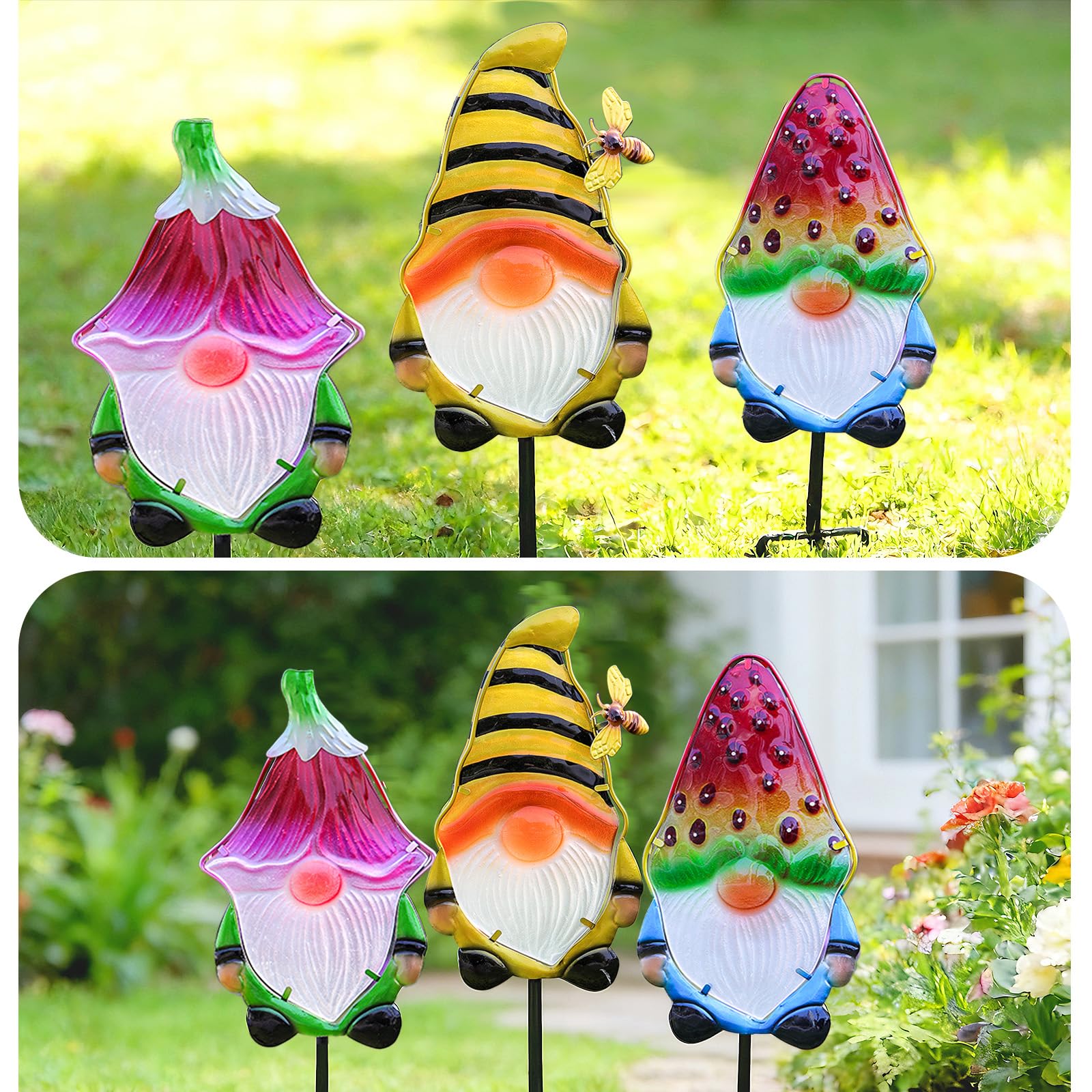 Gnome Garden Stake Set of 3 Metal Glass 18.3" Funny Outdoor Yard Lawn Decor view 7
