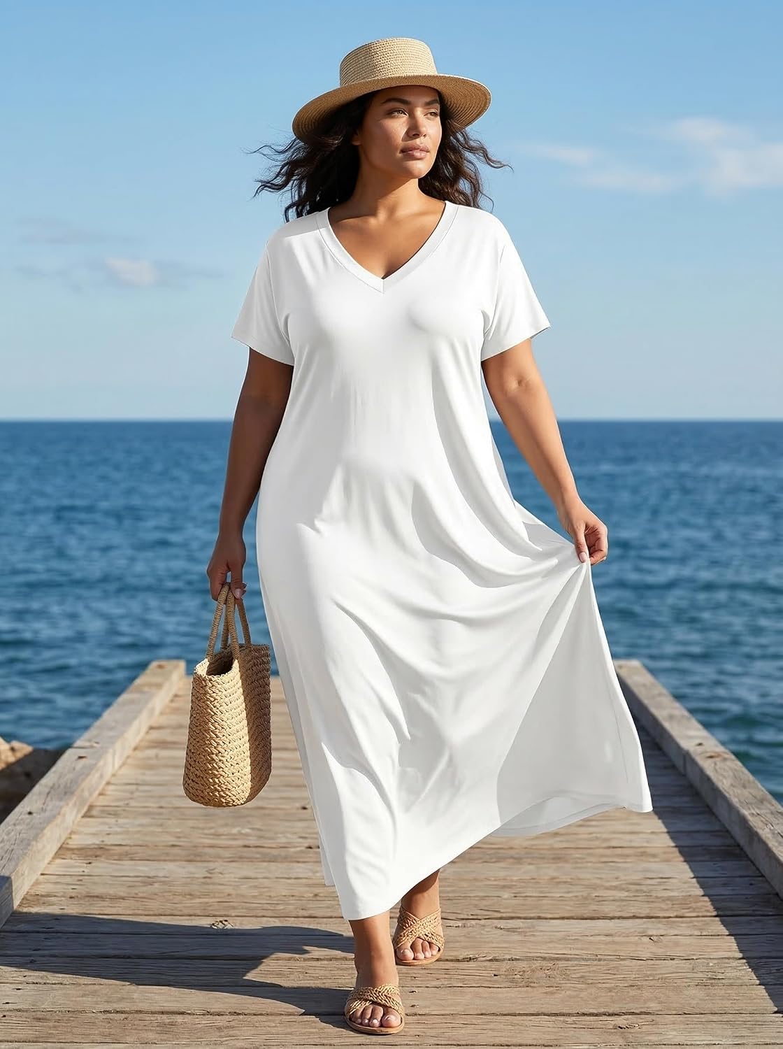 SUZONANA Women's Plus Size Maxi Dress V Neck Short Sleeve with Pockets image 2
