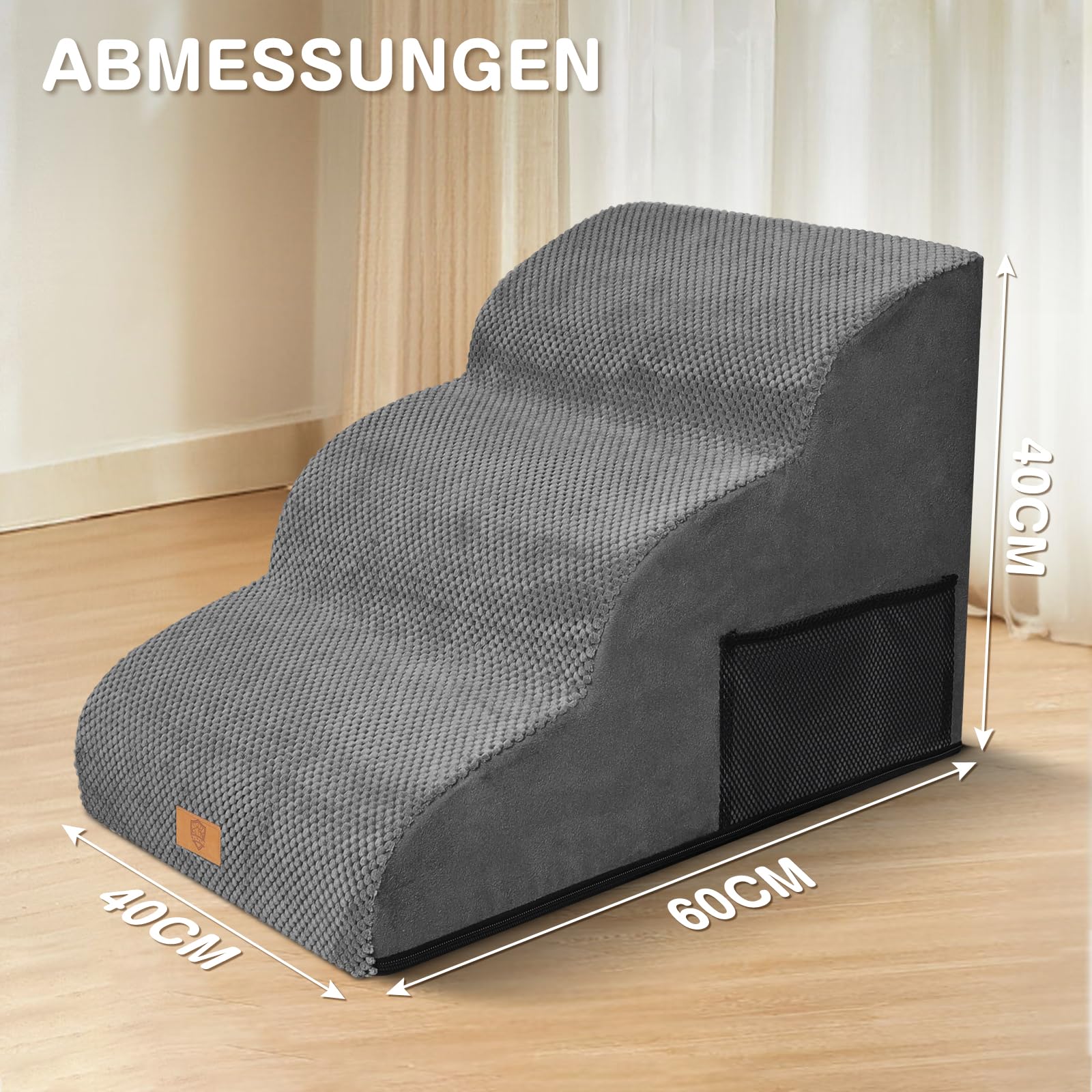 Zvonema Hundetreppe, wasserdichte Hundetreppe 40cm Hoch, rutschfeste 3 Stufen Treppe für Hunde, Verletzungsprophylaxe Hochwertige Schwamm Katzentreppe, Waschbar Hunderampe für Sofa Bett