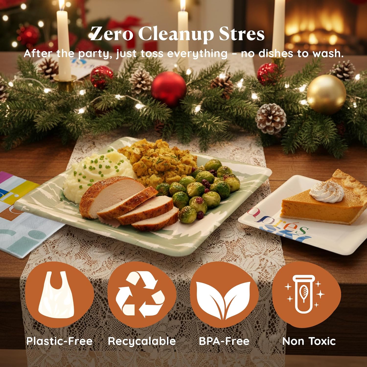 Christmas Plates & Napkins Set –Charlies Party Supply 8pcs Pine Tree Dinner Plates, 8pcs Après Ski Dessert Plate and 16pcs Napkins – Disposable Christmas Dinnerware for Holiday Parties & Gatherings