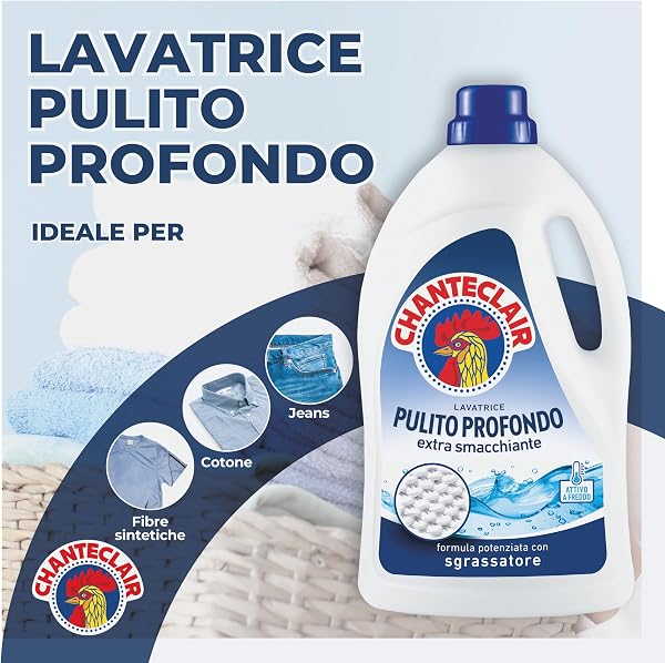 Chanteclair - Detersivo per Lavatrice Pulito Profondo, Rimuove le Macchie più Difficili, Bucato Pulito e Duraturo - 3 Flaconi da 1575 ml - 3
