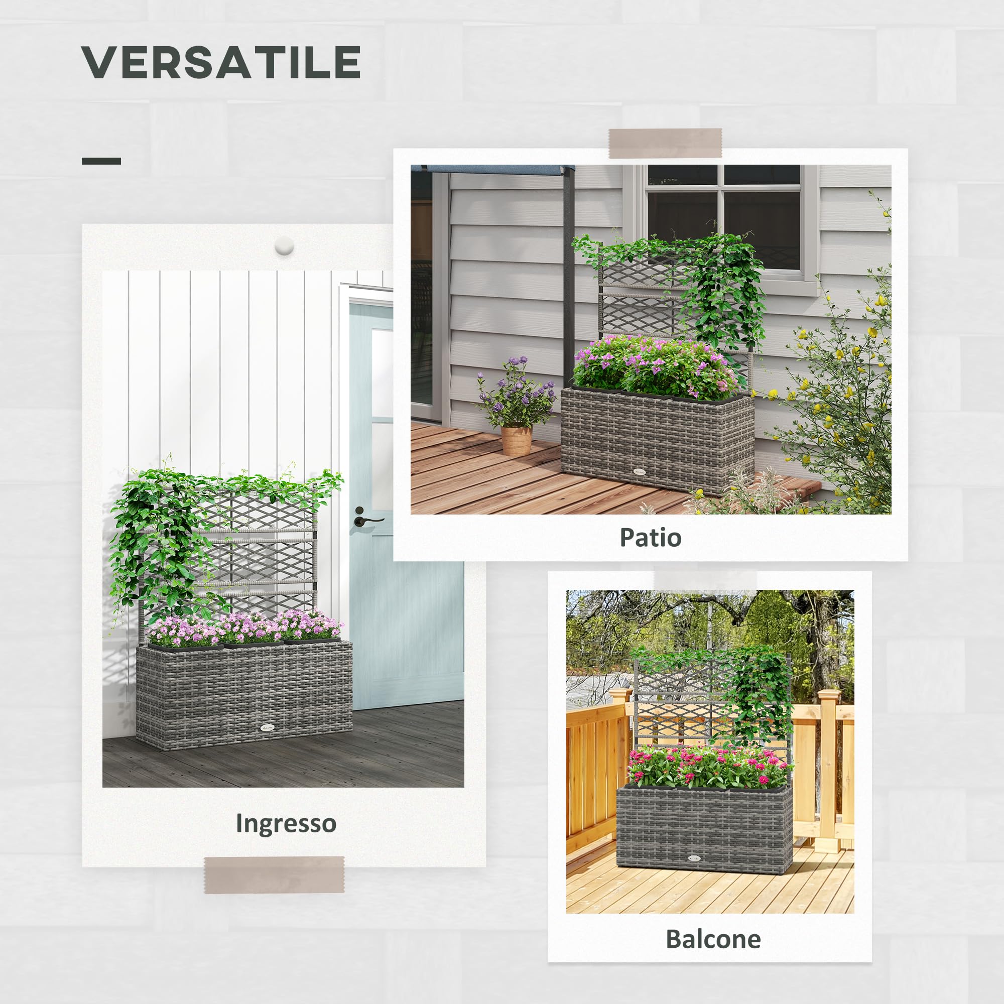 Outsunny Fioriera per Piante con Grigliato per Rampicanti, Aiuola Rialzata con 3 Vasi Interni, Struttura in Acciaio e Rattan PE, 84x30x107cm, Grigio