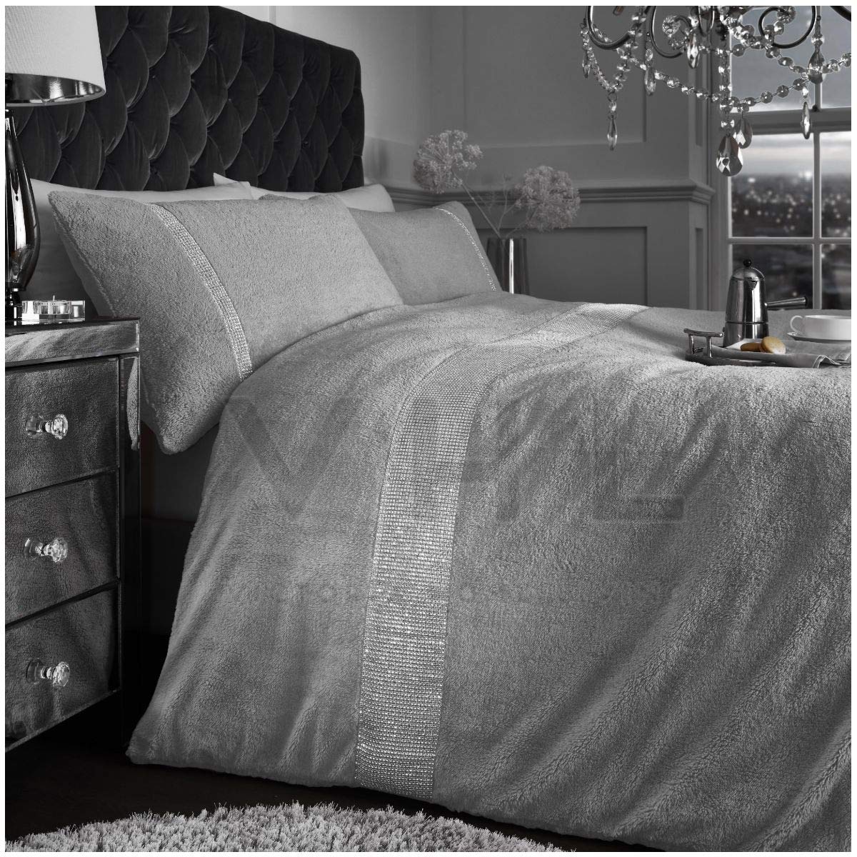 Gaveno Cavailia Super Soft Teddy Arcade Bedding, Fluffy Fleece Duvet Cover, Cosy Diamante Quilt Set Pillowcase, Grey, Single Size, 100% Polyester