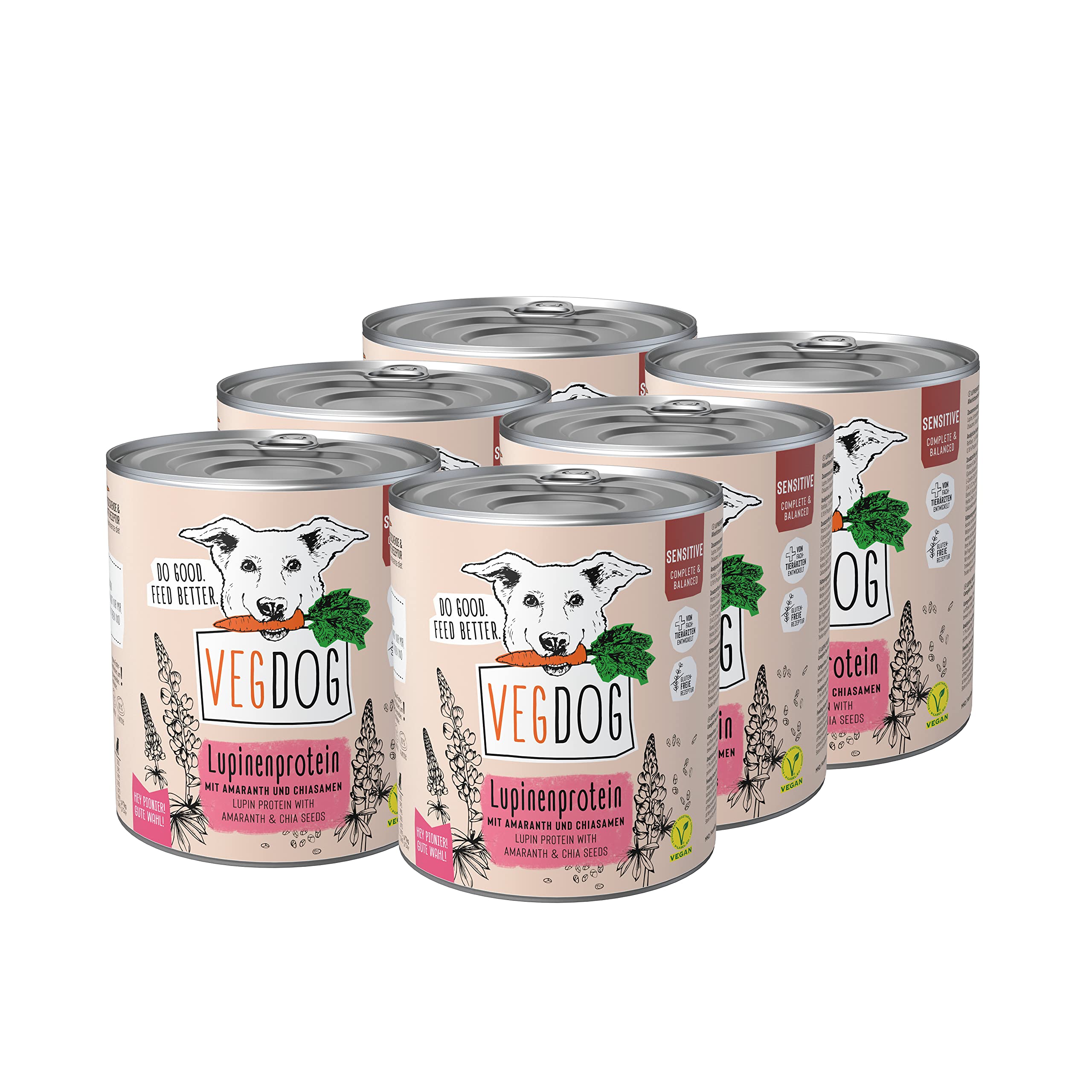VEGDOG Sensitive hypoallergenes Nassfutter für Sensible Hunde (6 x 800 g) | Adulte Hunde| für ernährungssensible Vierbeiner, gut verdaulich | Alleinfutter für Allergiker mit Lupinenprotein