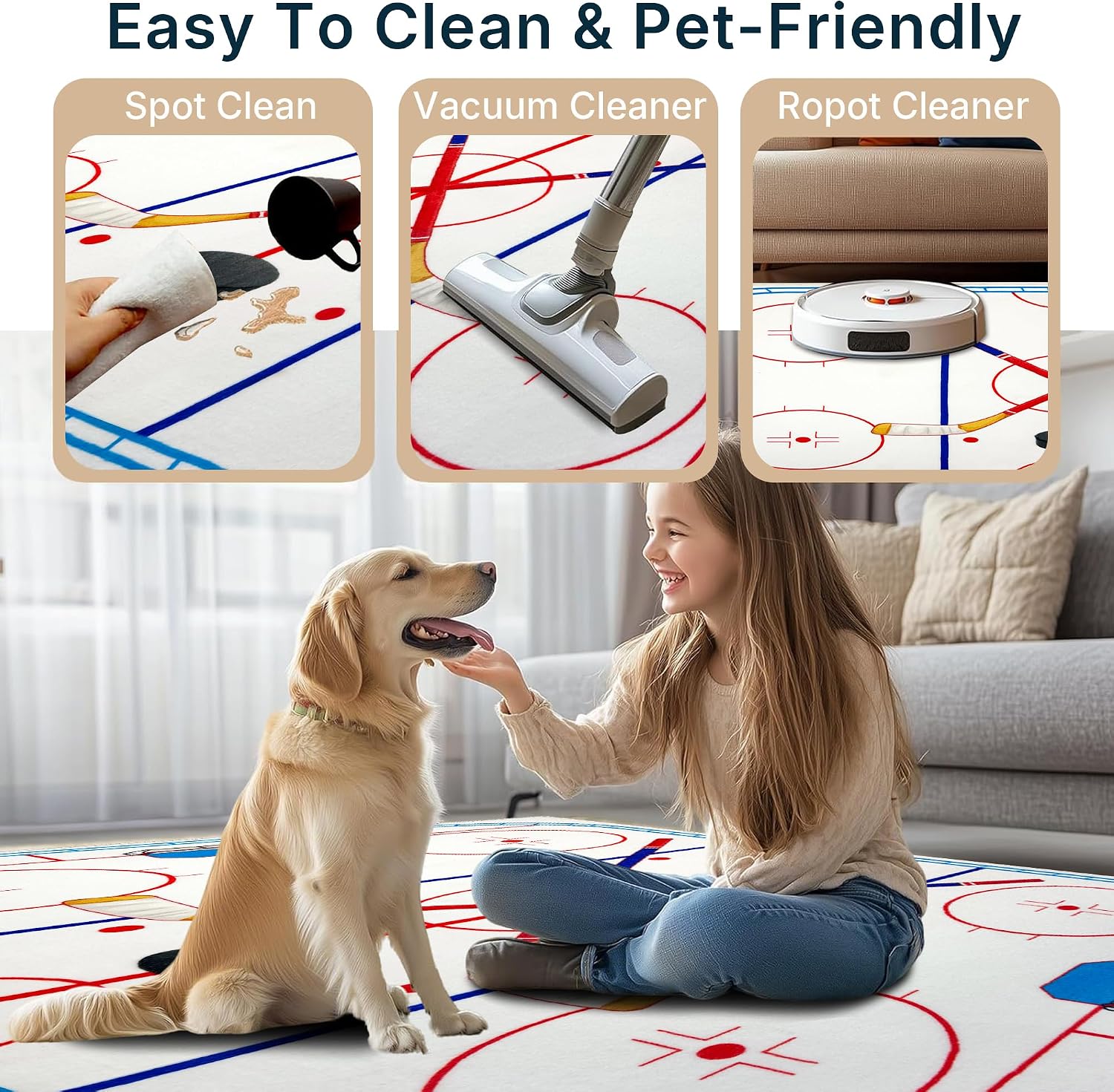Hockey Rug 5x7 FT, Non Slip Washable Low Pile Sports Carpet, Modern Hockey Room Decor for Man Cave and Game Room image 4