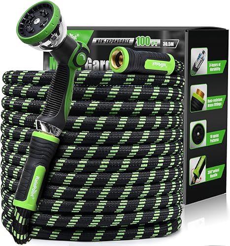 RAINPOINT Mangueras de jardín de metal para patio de 100 pies, manguera de agua 304 sin torceduras de 100 pies con boquilla de 10 modos, conexión de